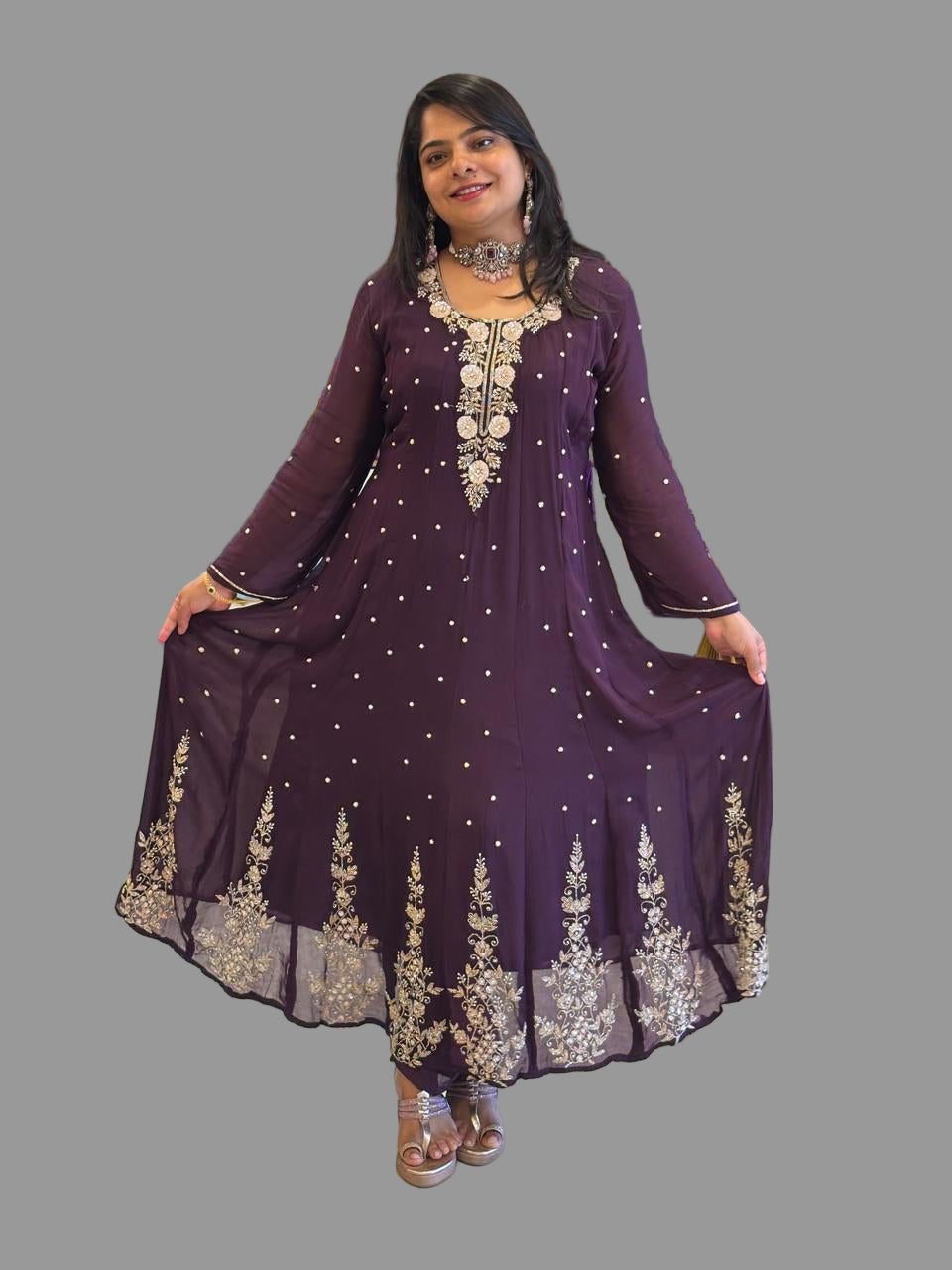 Dark Purple Anarkali Chinnon Hand Embroidery Kurtha 567