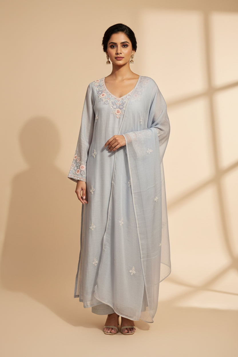 Sky blue Dola silk Pastel Kurtha with Pearl handwork embroidery work