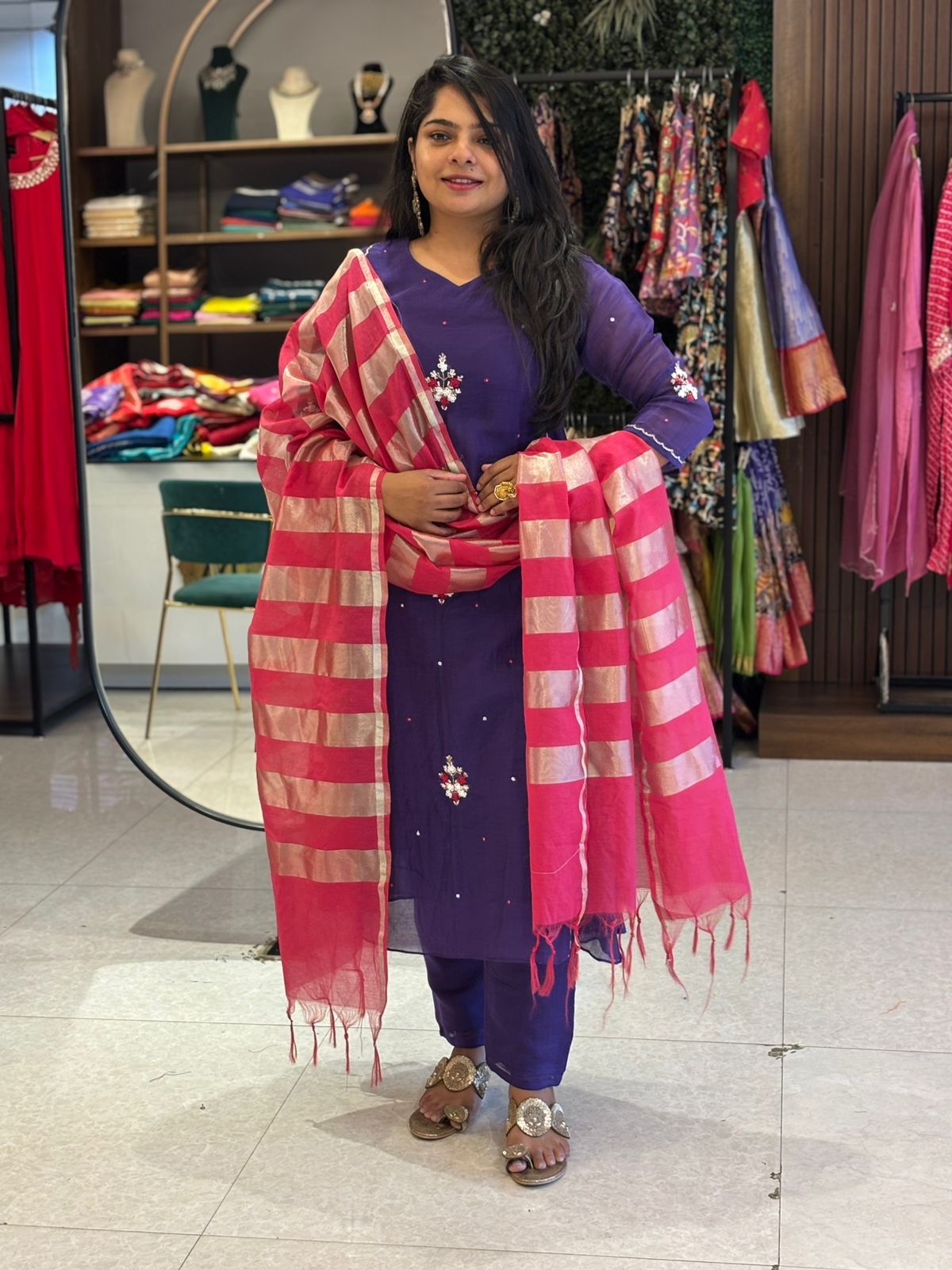 “Pani" Purple Mul Chanderi Silk Kurtha 101 With Handwork Embroidery