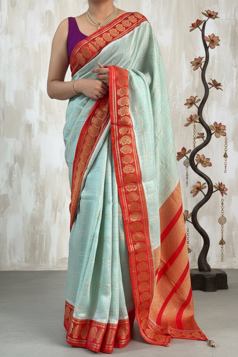 Sea green n red checks semi Mysore crepe saree SMS105