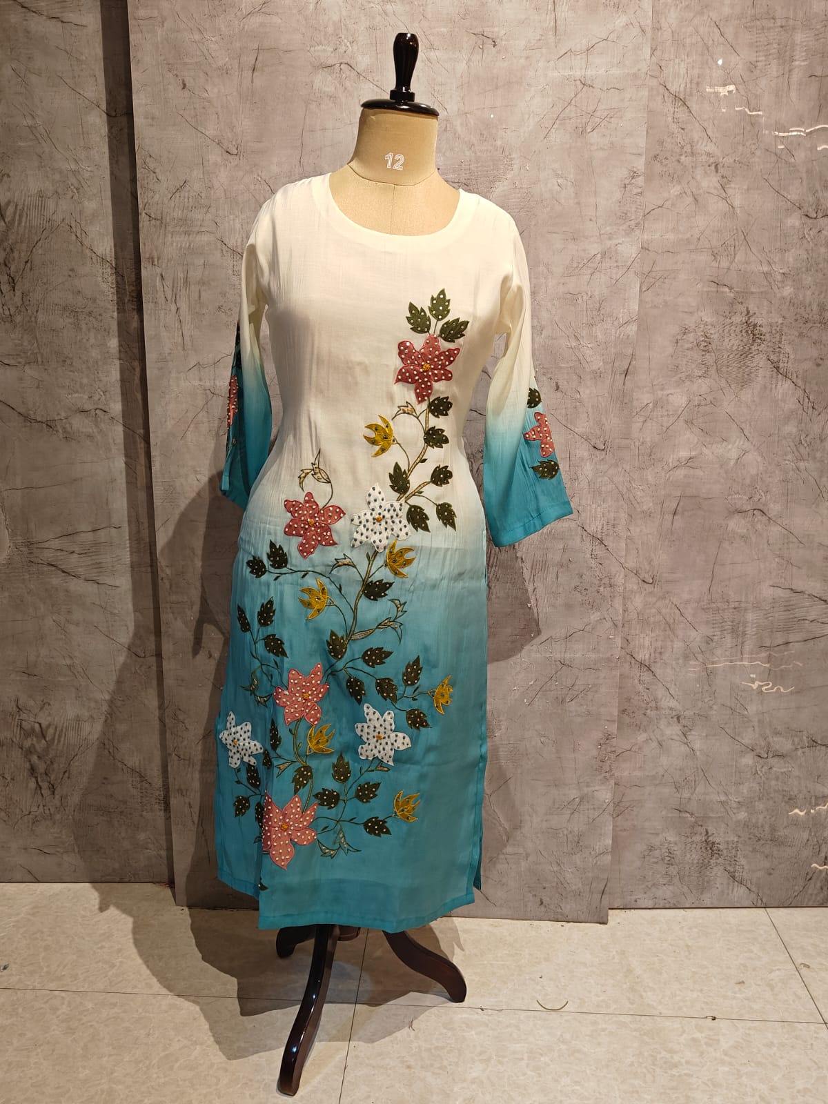 White and Blue Dola Thread Embroiedry Straight Fit Kurtha 431