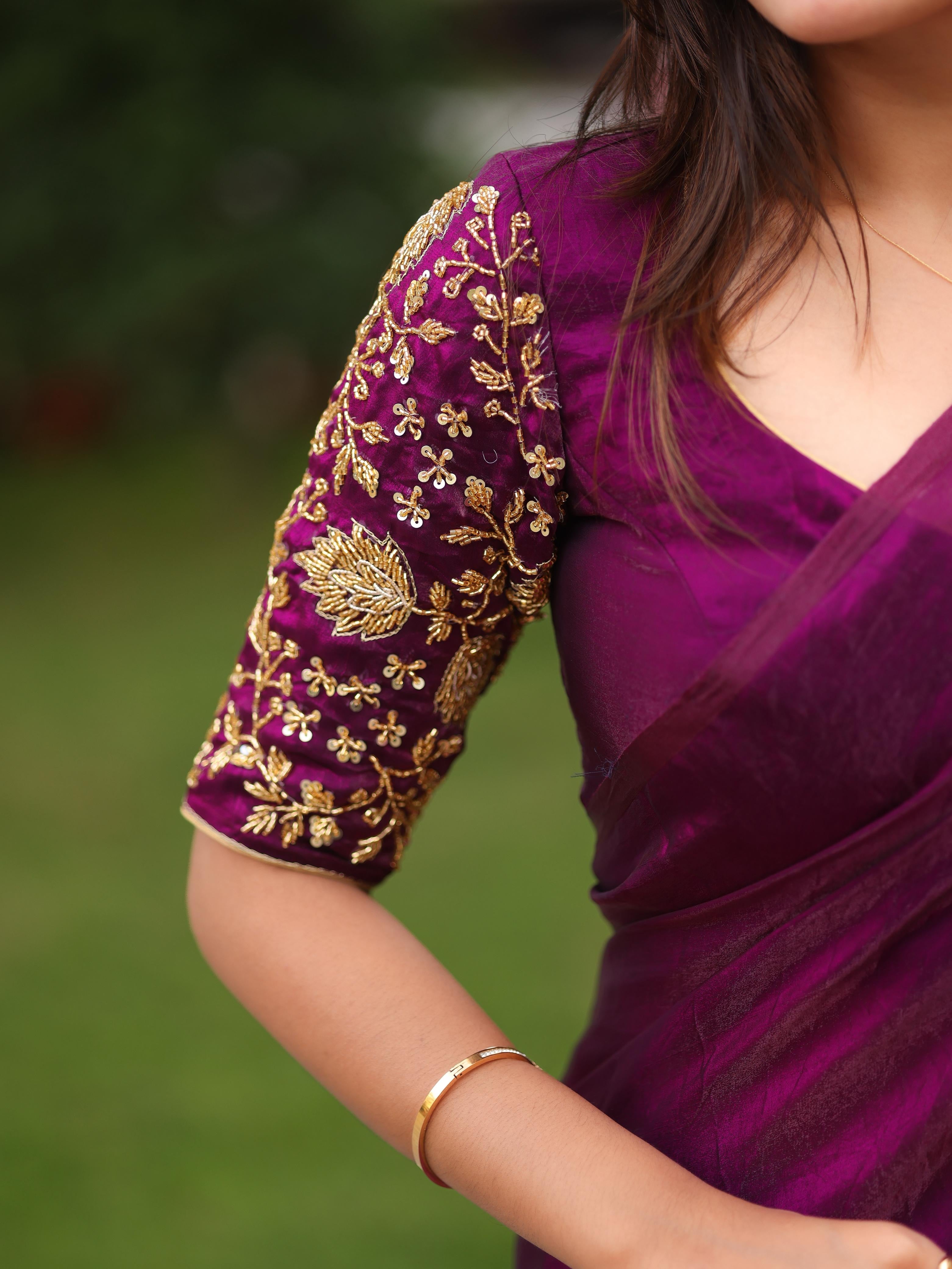 Shiny purple party wear with heavy work blouse saree
