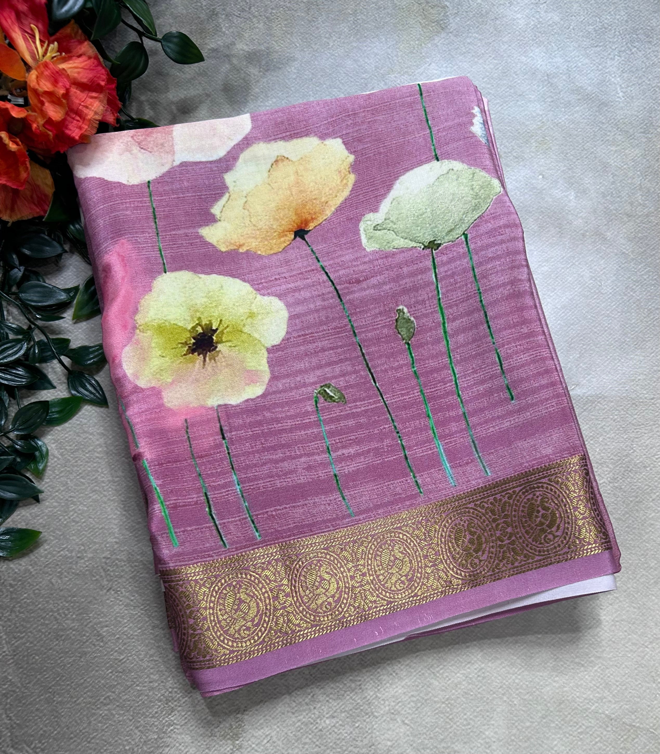 Onion pink digital print pure mysore silk saree(DMS106)
