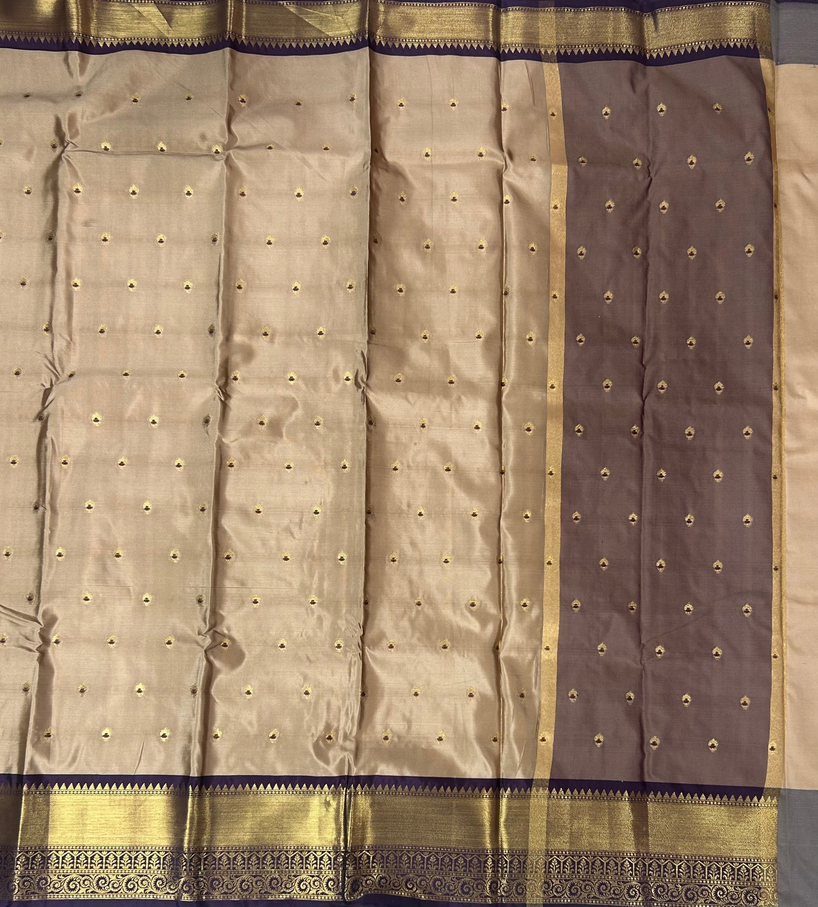 Beige n dark purple small Butta Kanchi-12 saree
