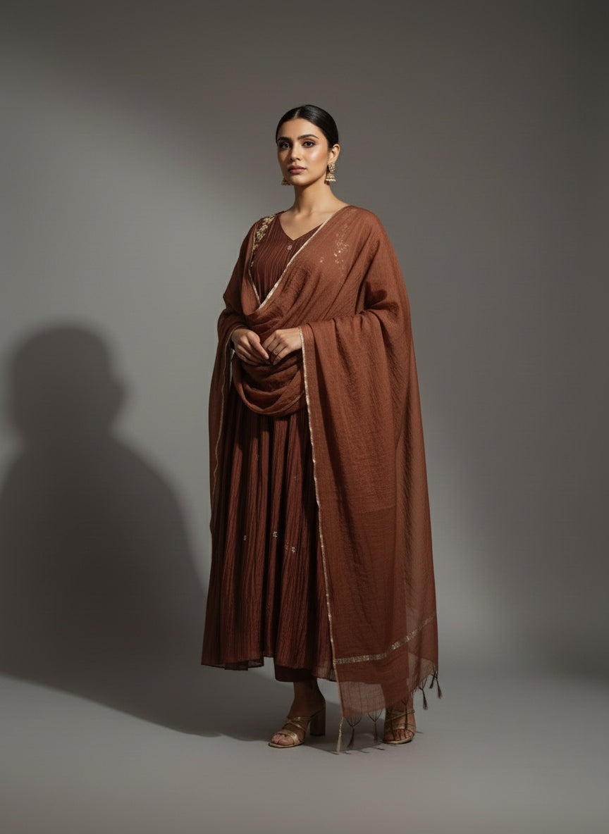 “Pani" Brown Mul Chanderi Silk Anarkali Handwork Kurtha 326