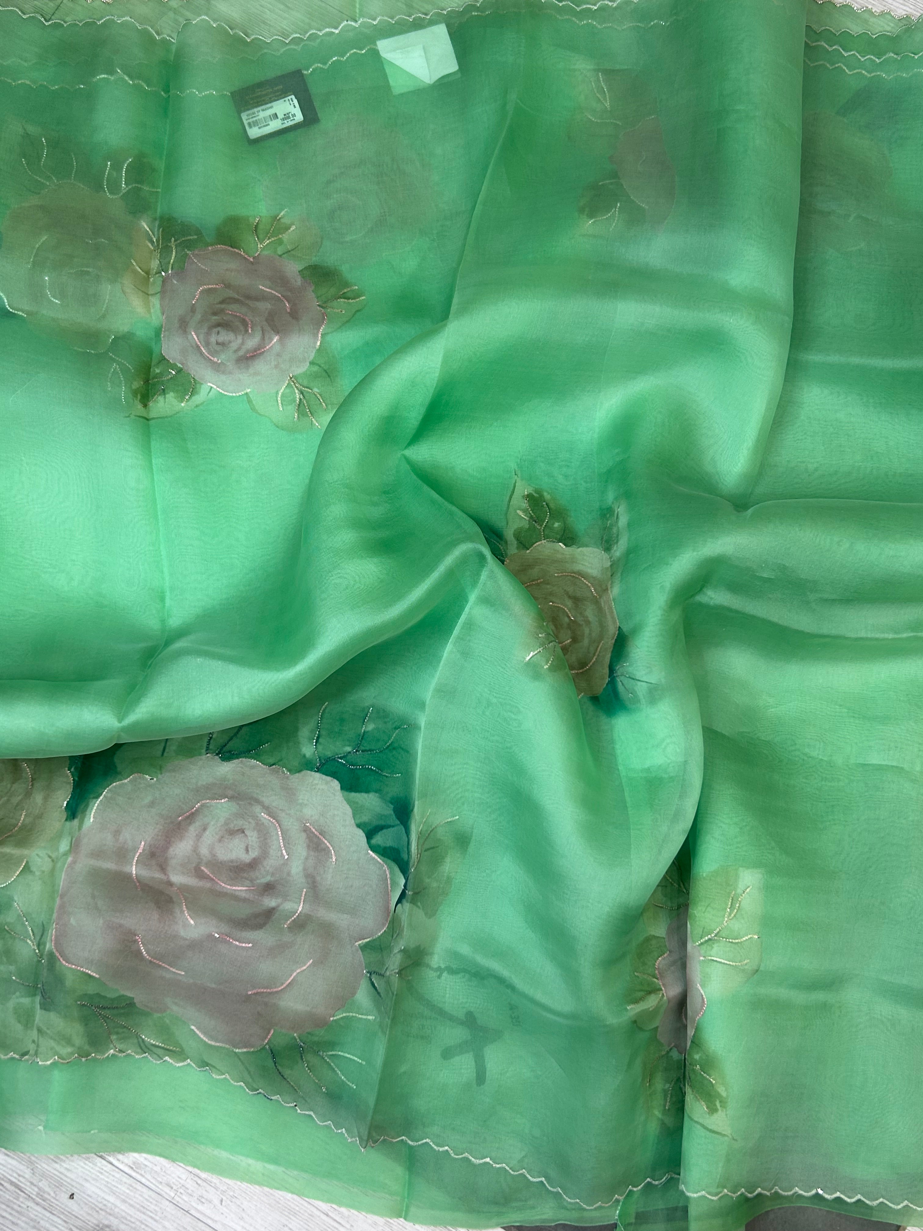 Aqua green pure 104 organza silk saree