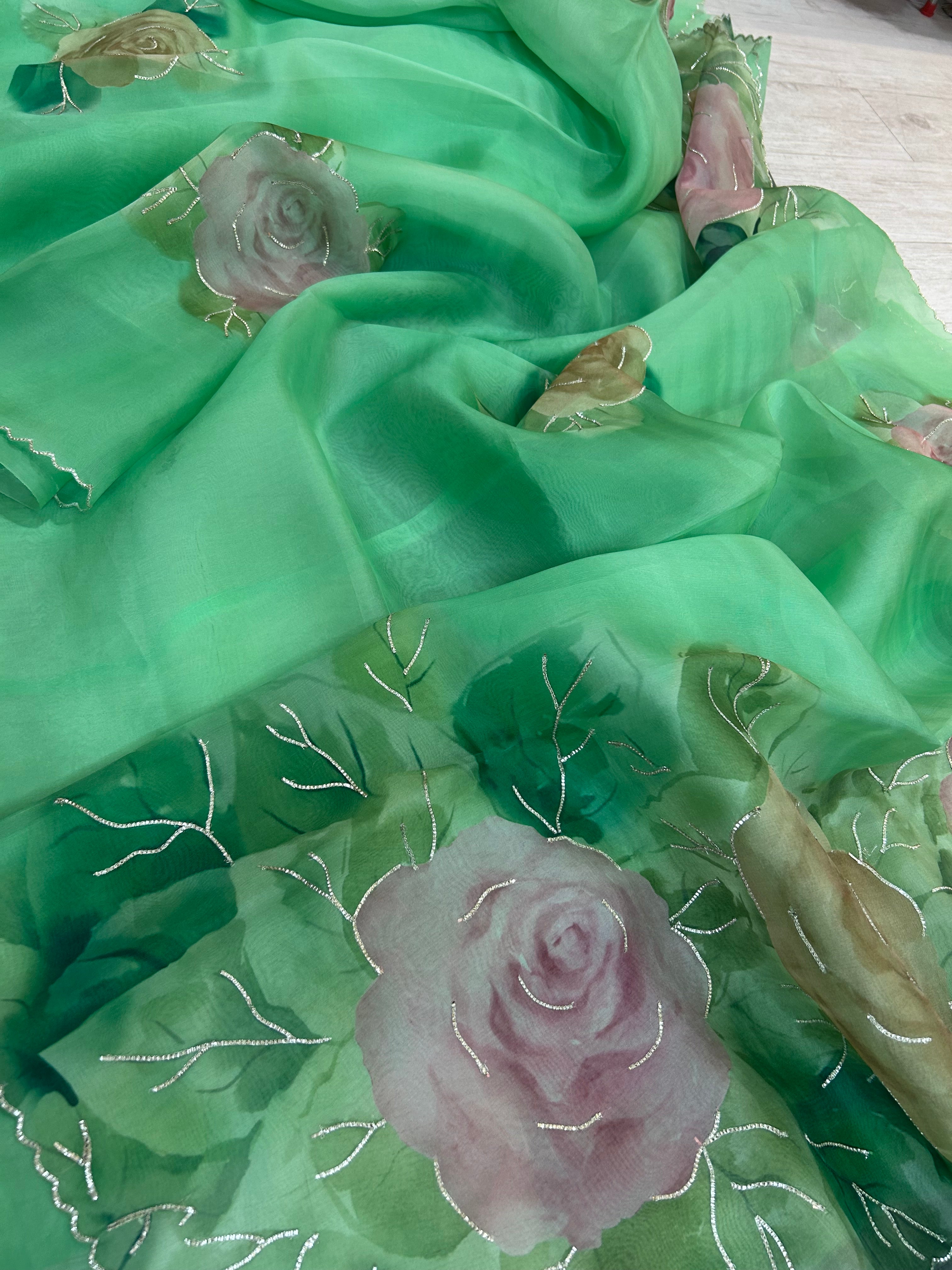 Aqua green pure 104 organza silk saree