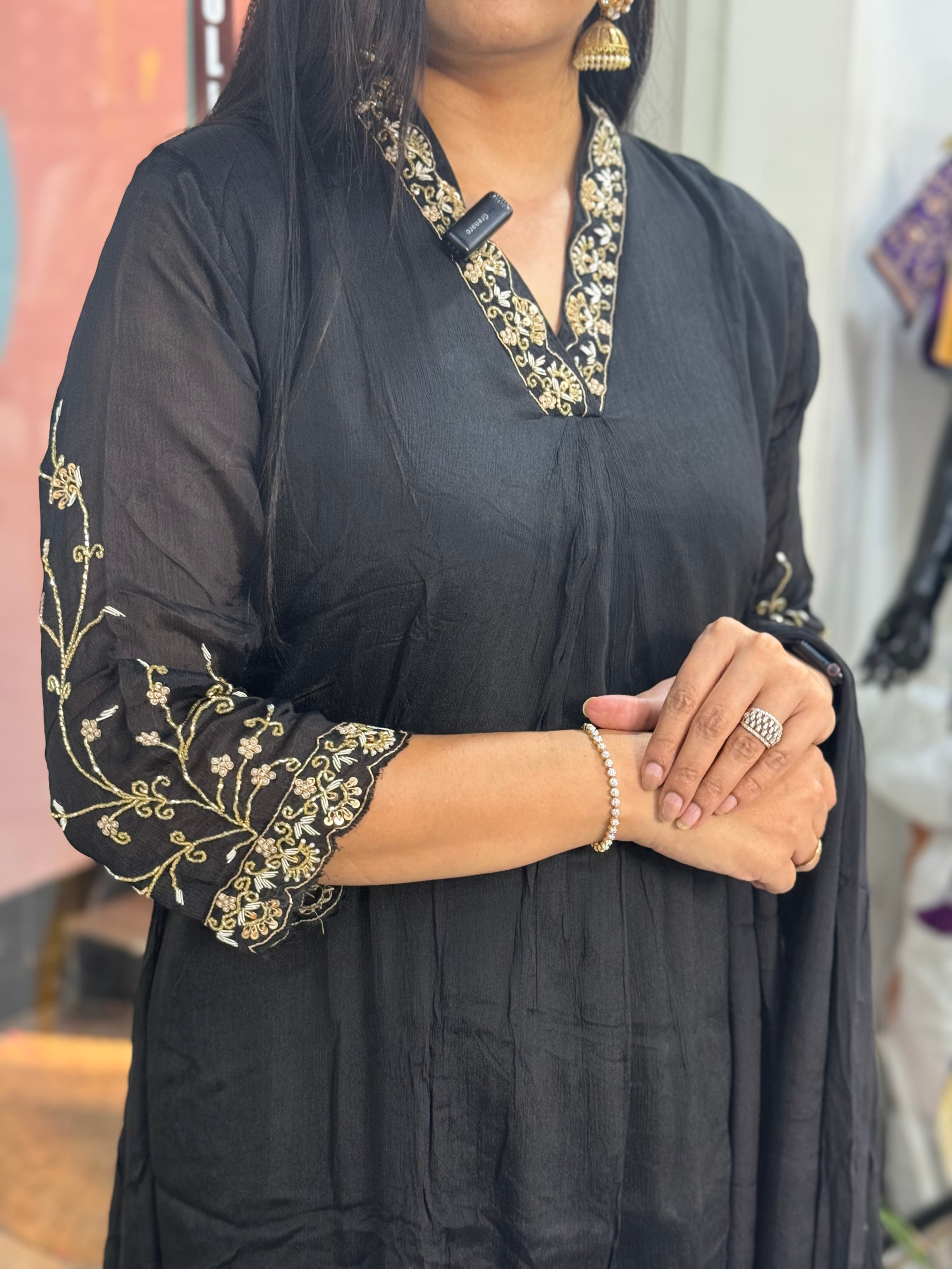 Black chinnon 11 Airline  handwork Kurtha