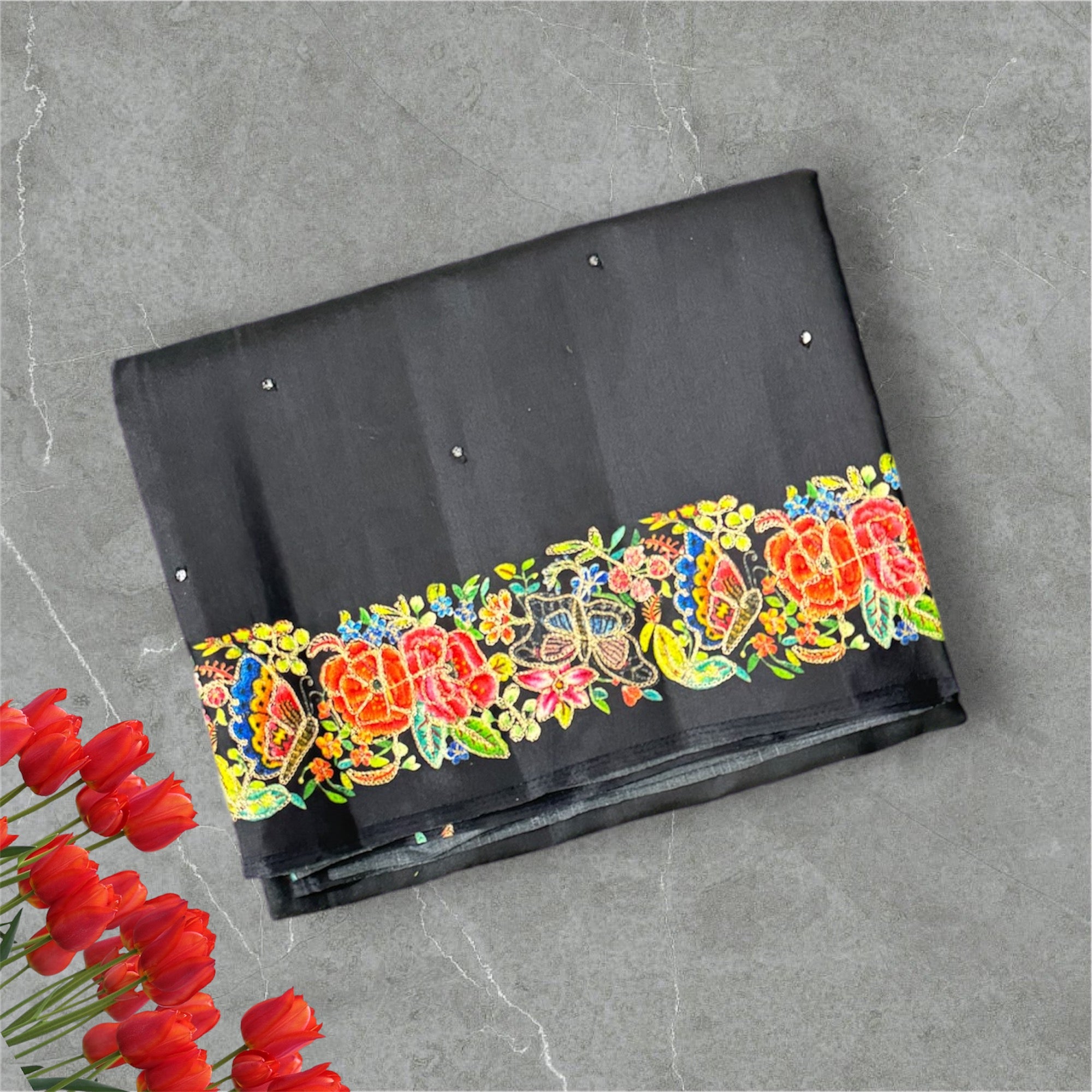 Black printed border tussar saree