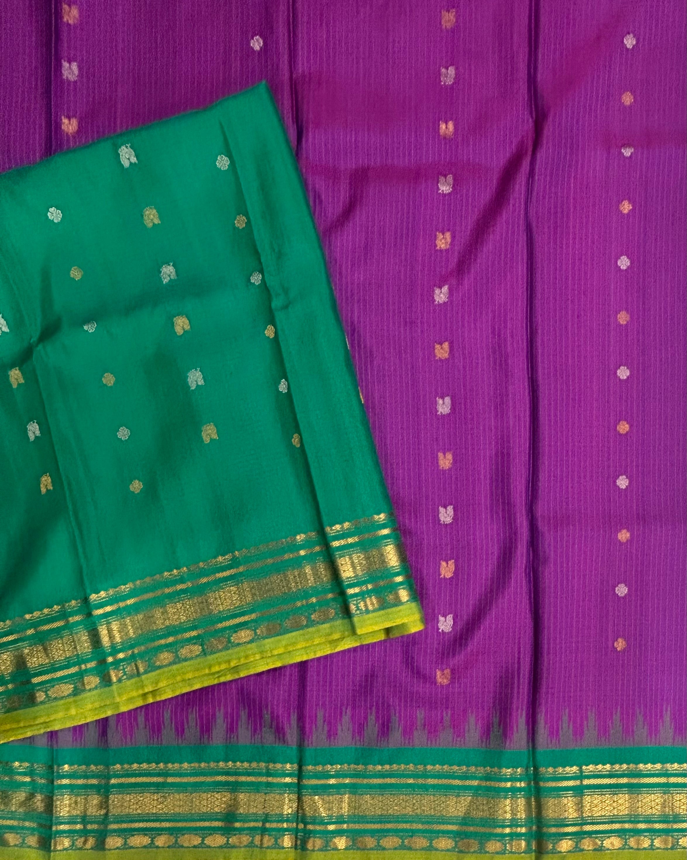 Purple n Rama green small border pure Gadwal saree