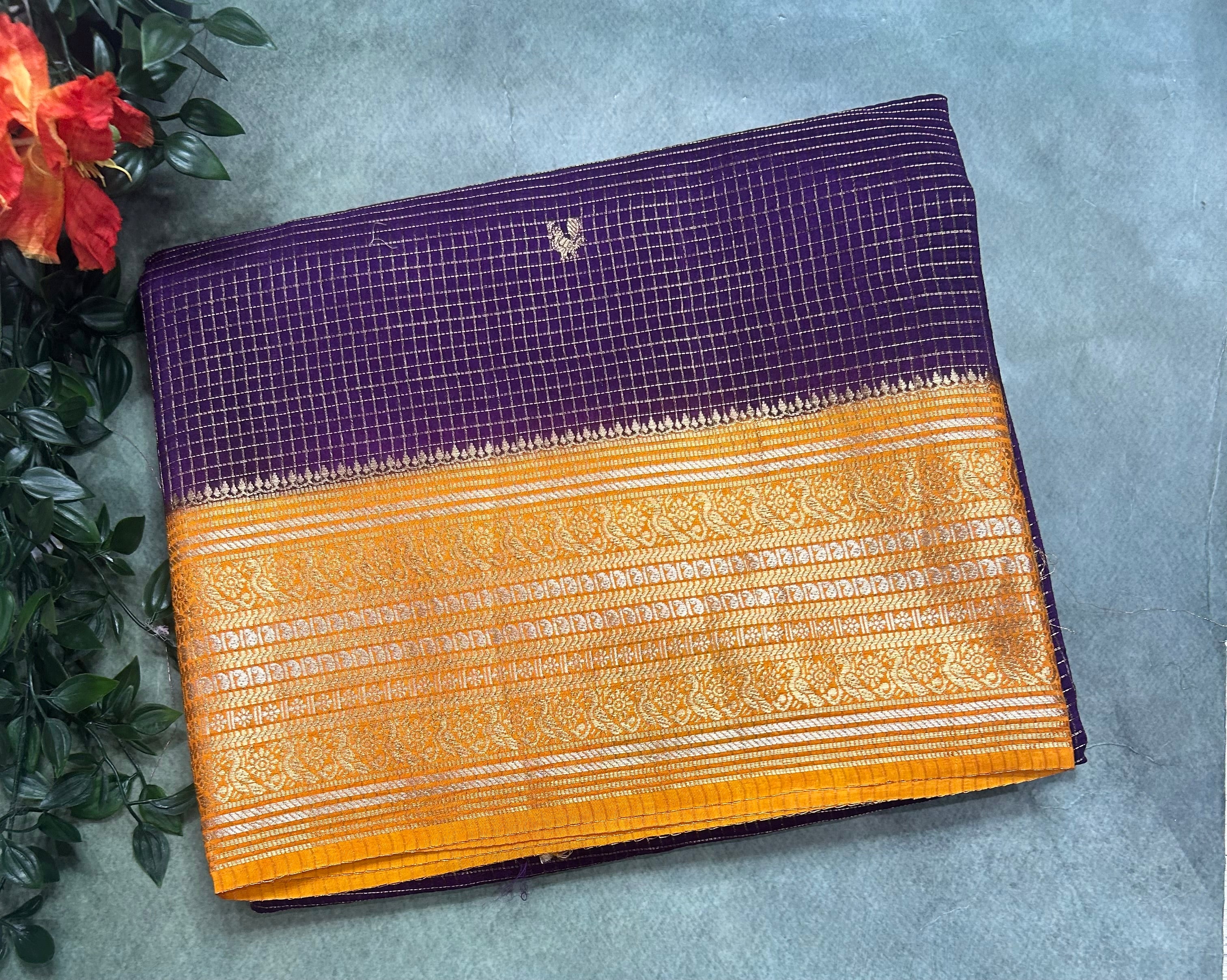 Purple small checks contrast semi Mysore crepe 105 saree