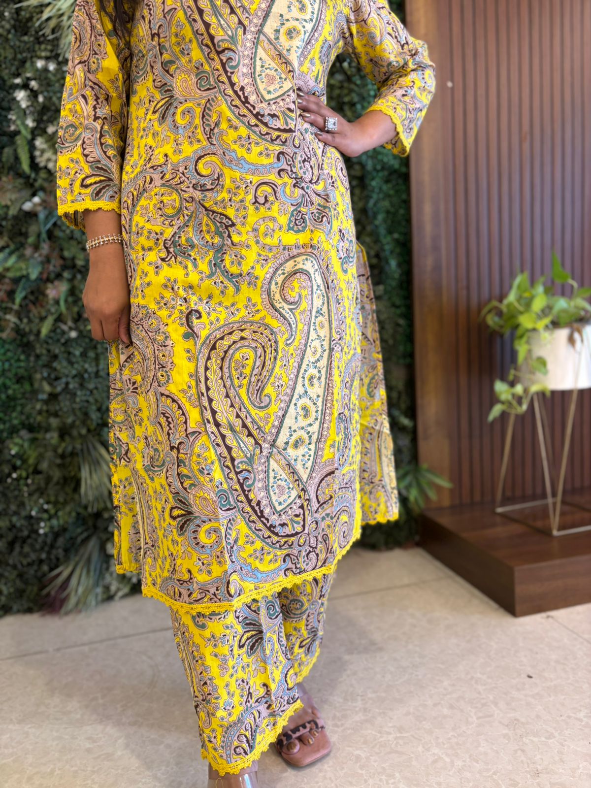 "KALI" Yellow Kalamkari Mul Cotton Cord Set Kurtha