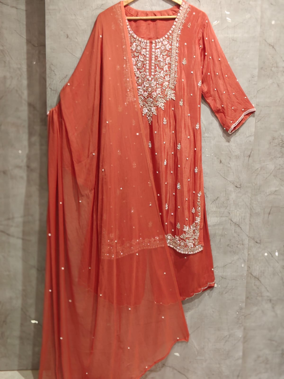 Brike Orange Chinnon Hand Embroidery Sharara Kurtha
