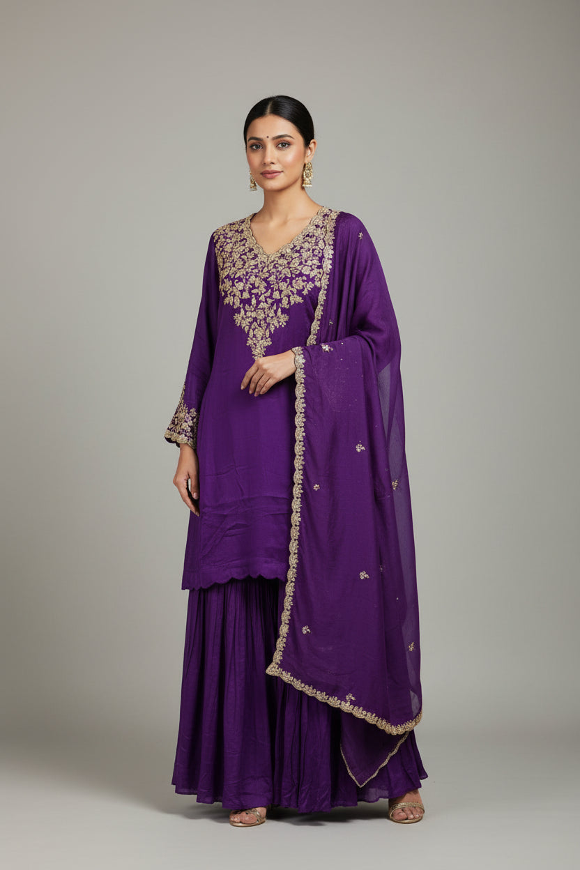 Purple Desinger Sharara party Kurtha set