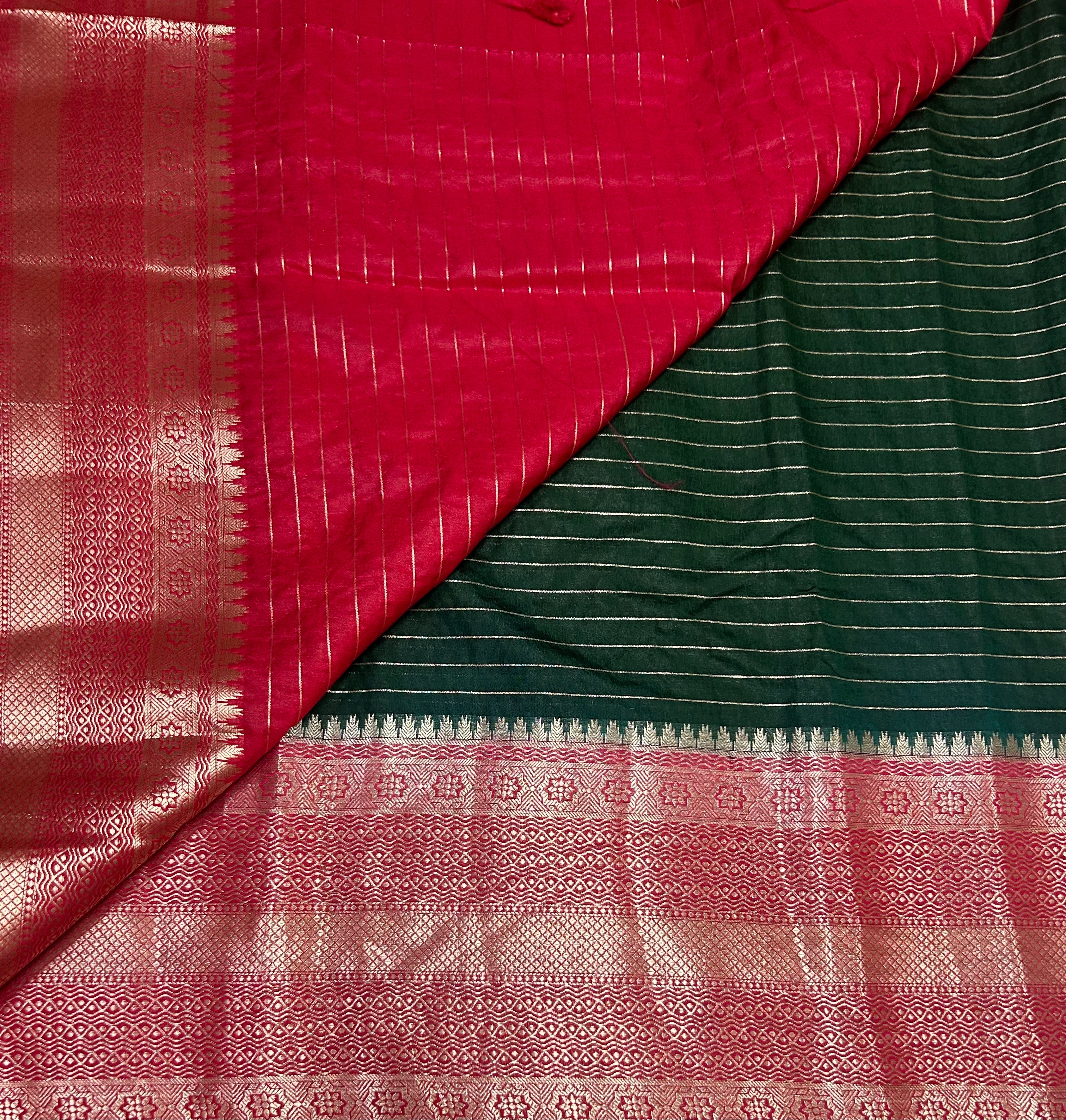 Bottle green long Border stripes semi Silk Saree
