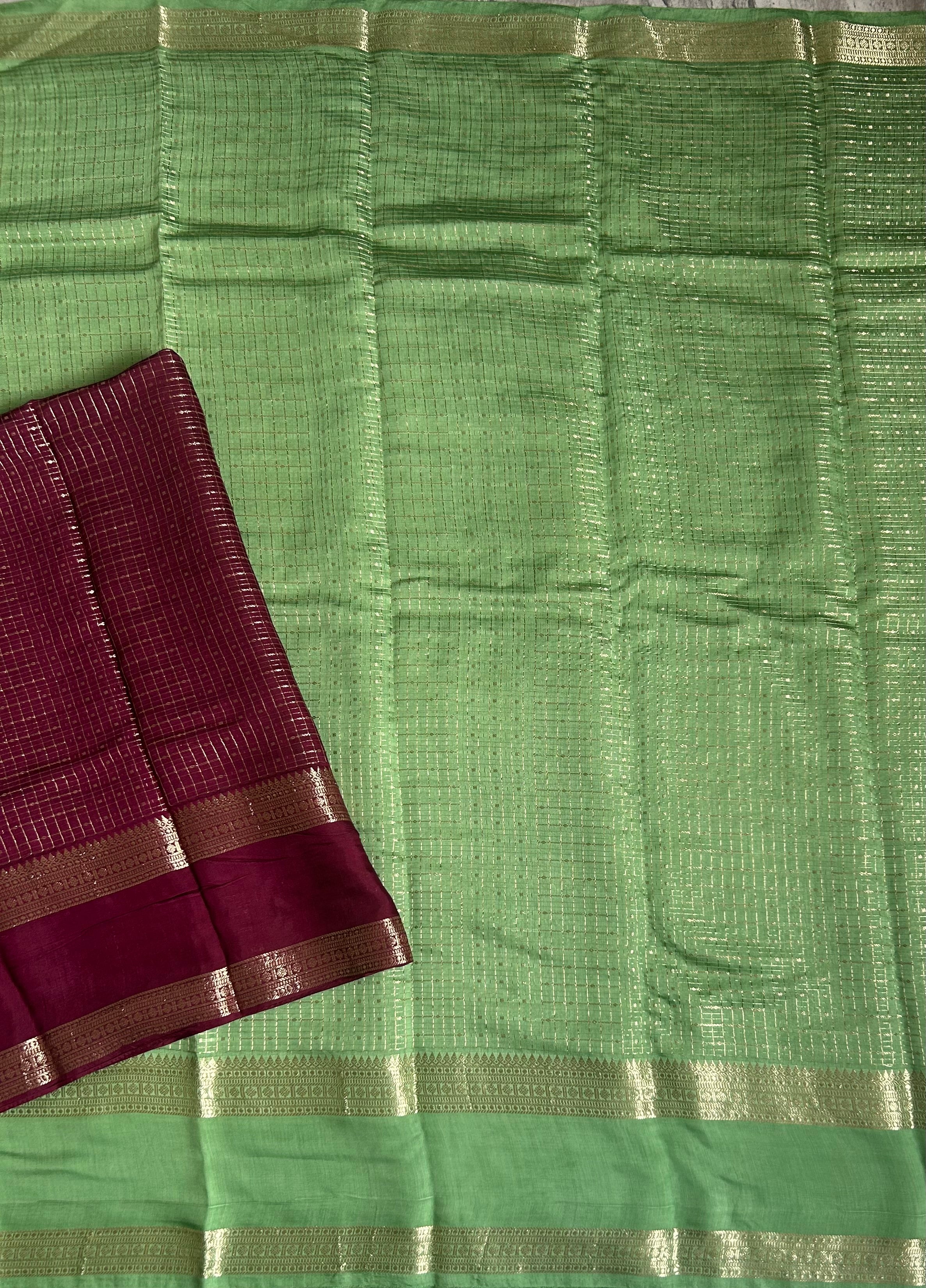 Pastel green small checks soft Tussar 03 crepe saree