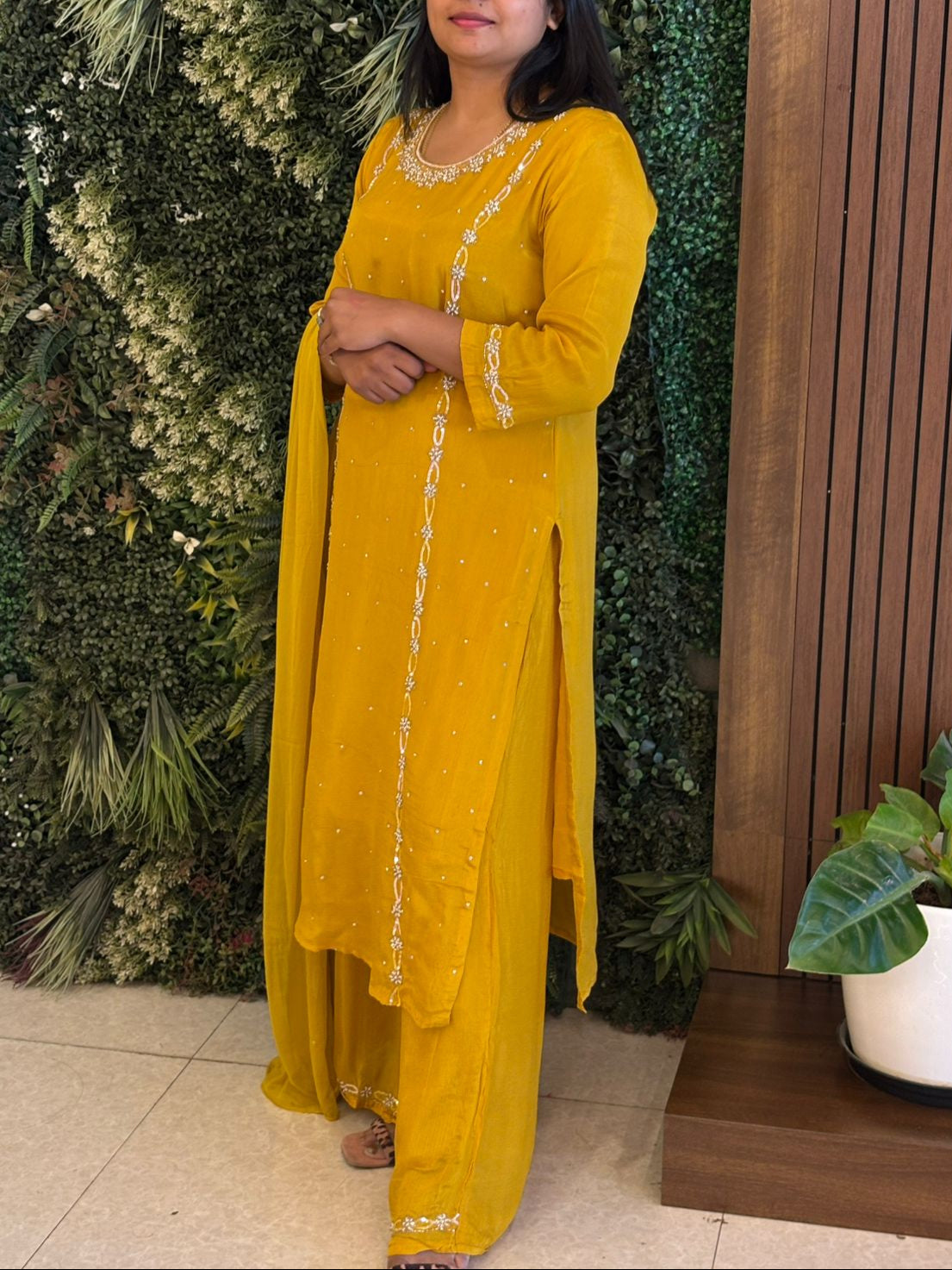 Yellow Designer Handwork Sharara party Kurtha set