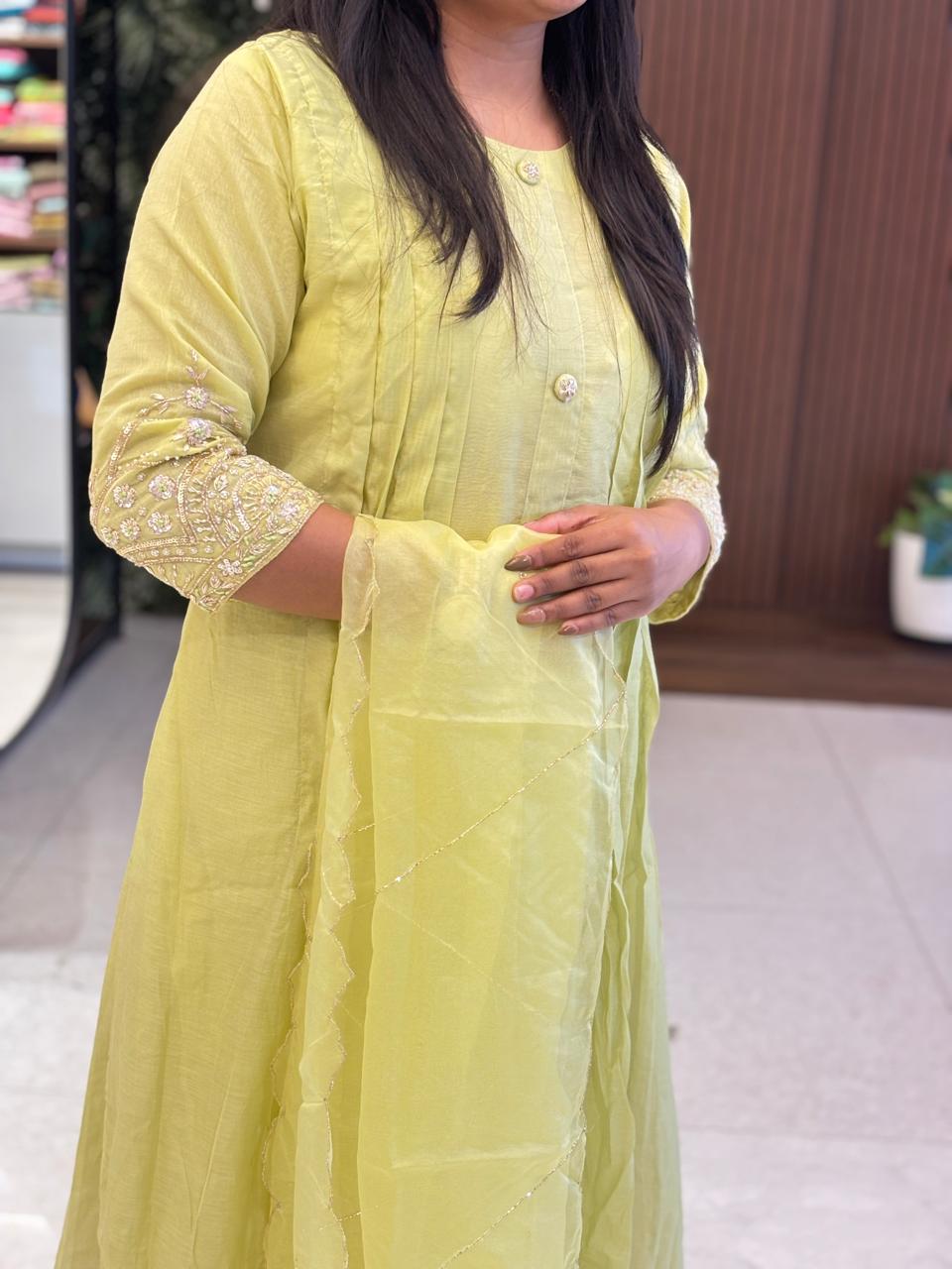 "pani" Pista Green Chanderi Silk Anarkali Handwork Kurtha Set