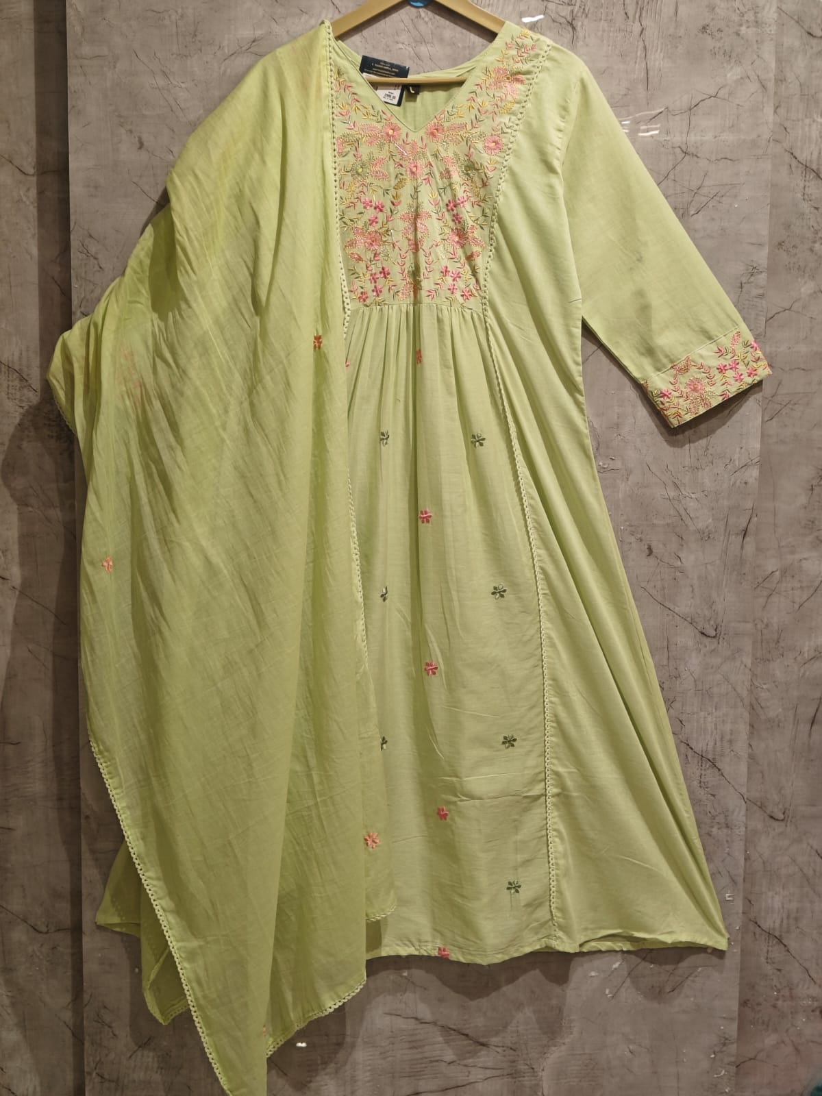 Pista Green  Mul Cotton Thread Embroidery Airline Kurtha488