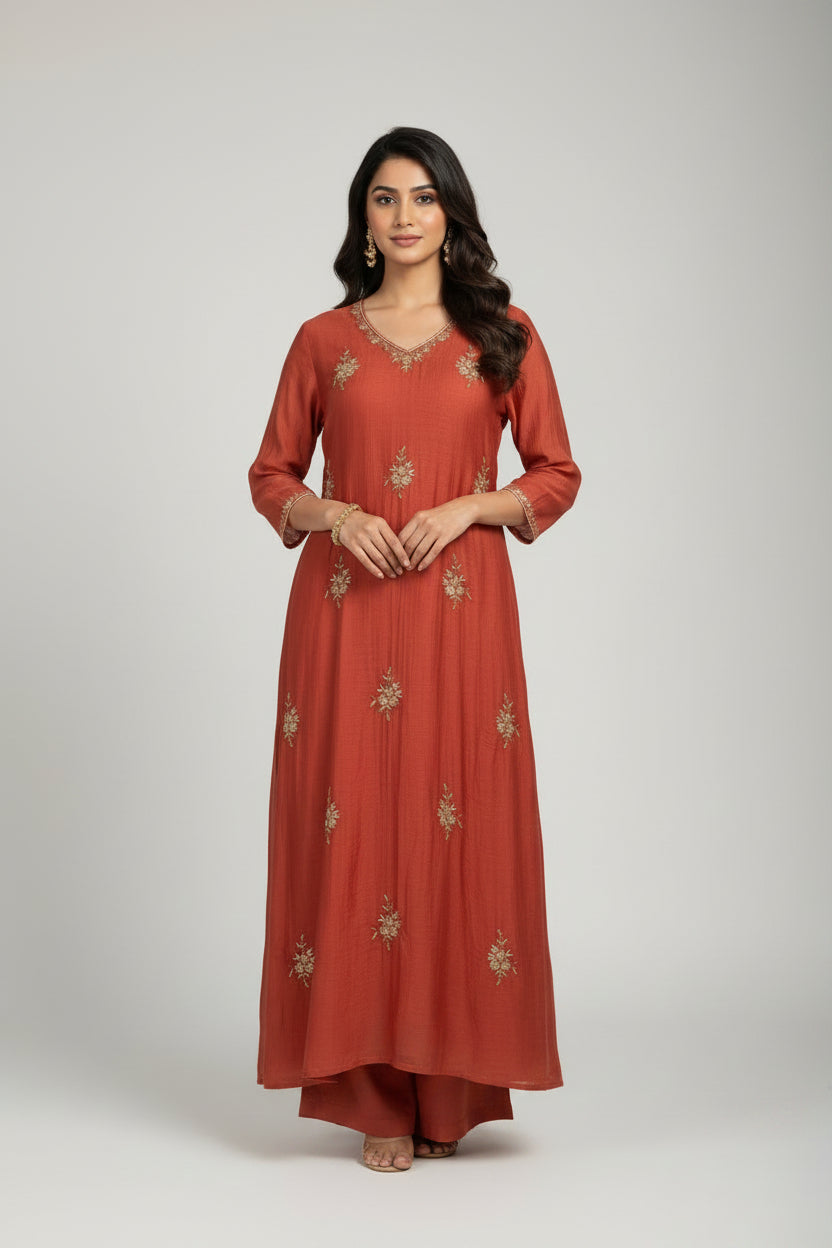 Rustic Orange pink Mul Chanderi Hand Embroidery A Line Kurtha 392