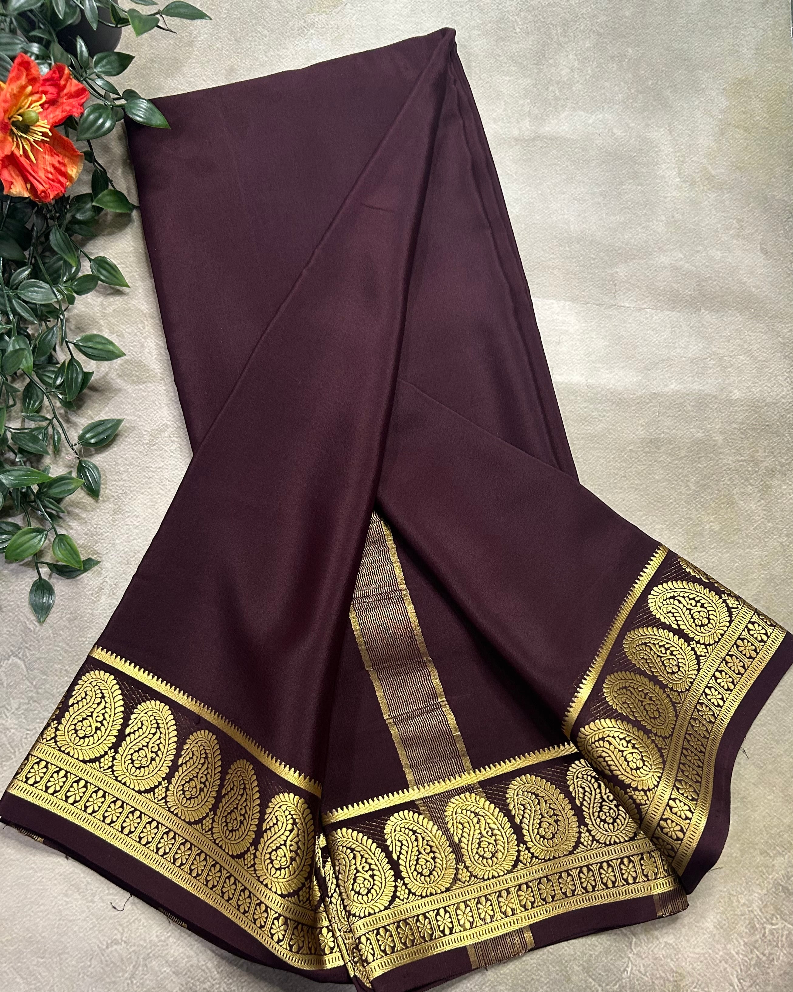 Dark brown plain mango border pure Mysore silk 105 saree