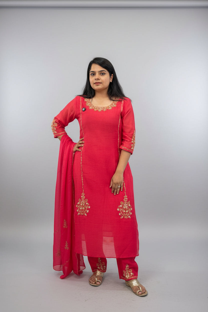 Pink Mul Chanderi Hand Embroidery A Line Kurtha 686
