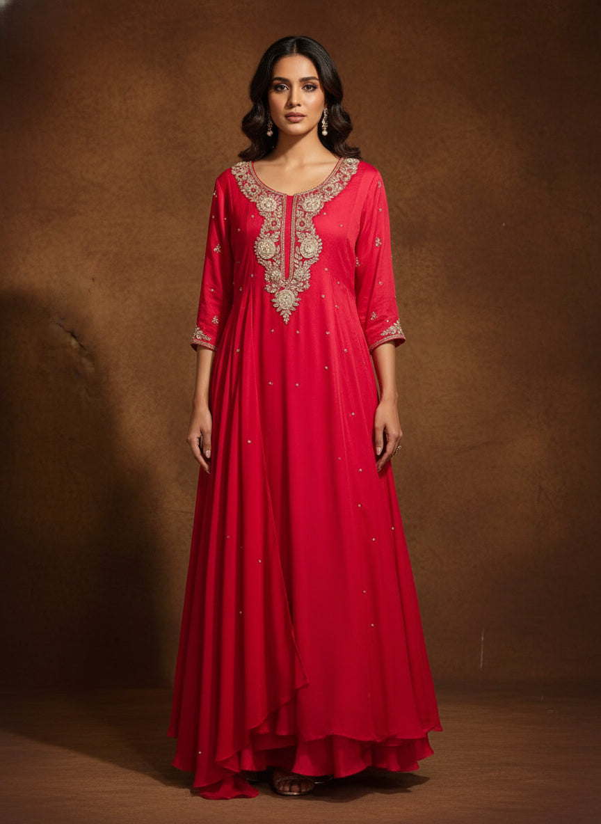 Pink Anarkali Chinnon Hand Embroidery Kurtha 567