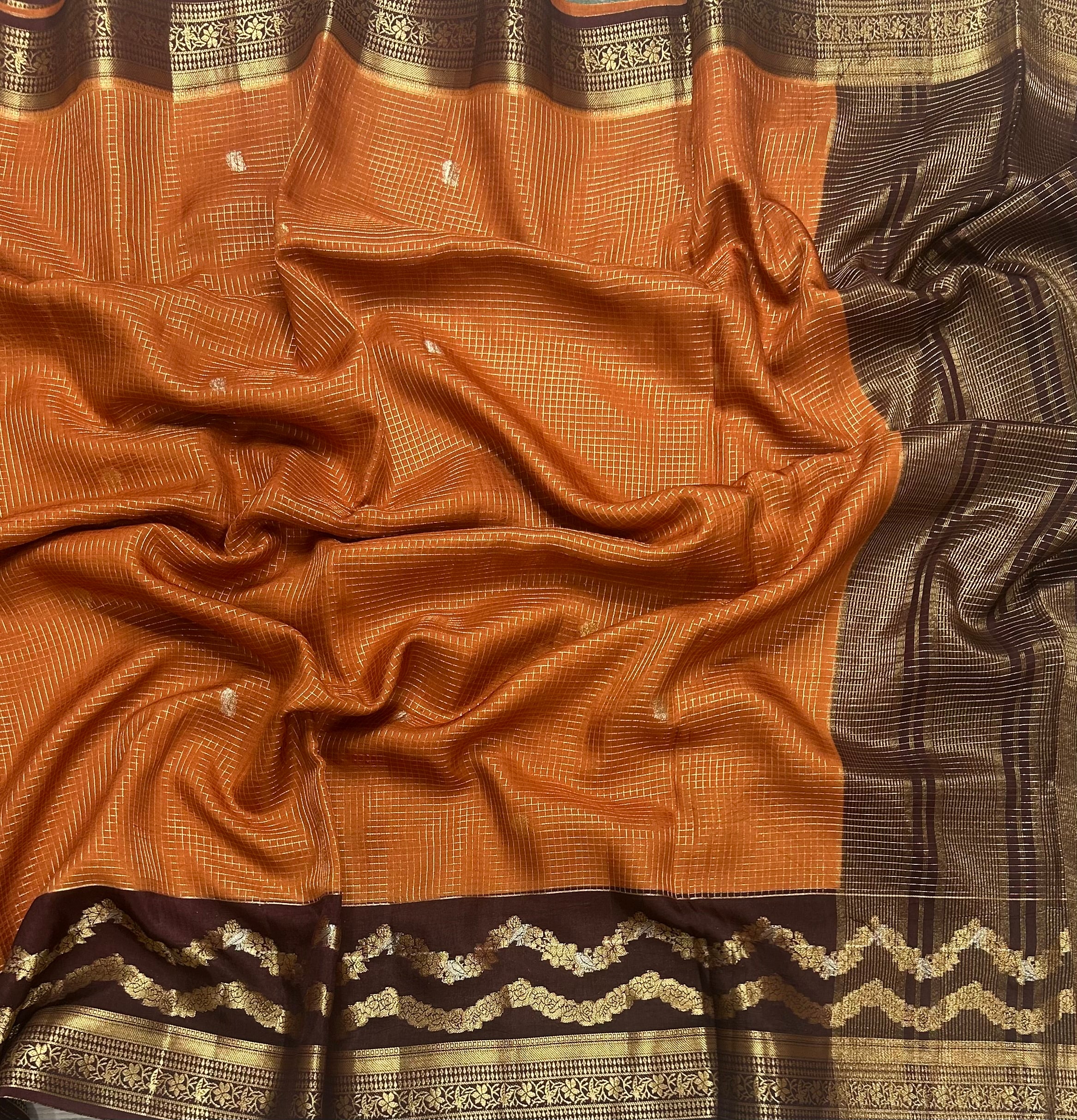 Rust orange small checks semi Mysore 105 saree