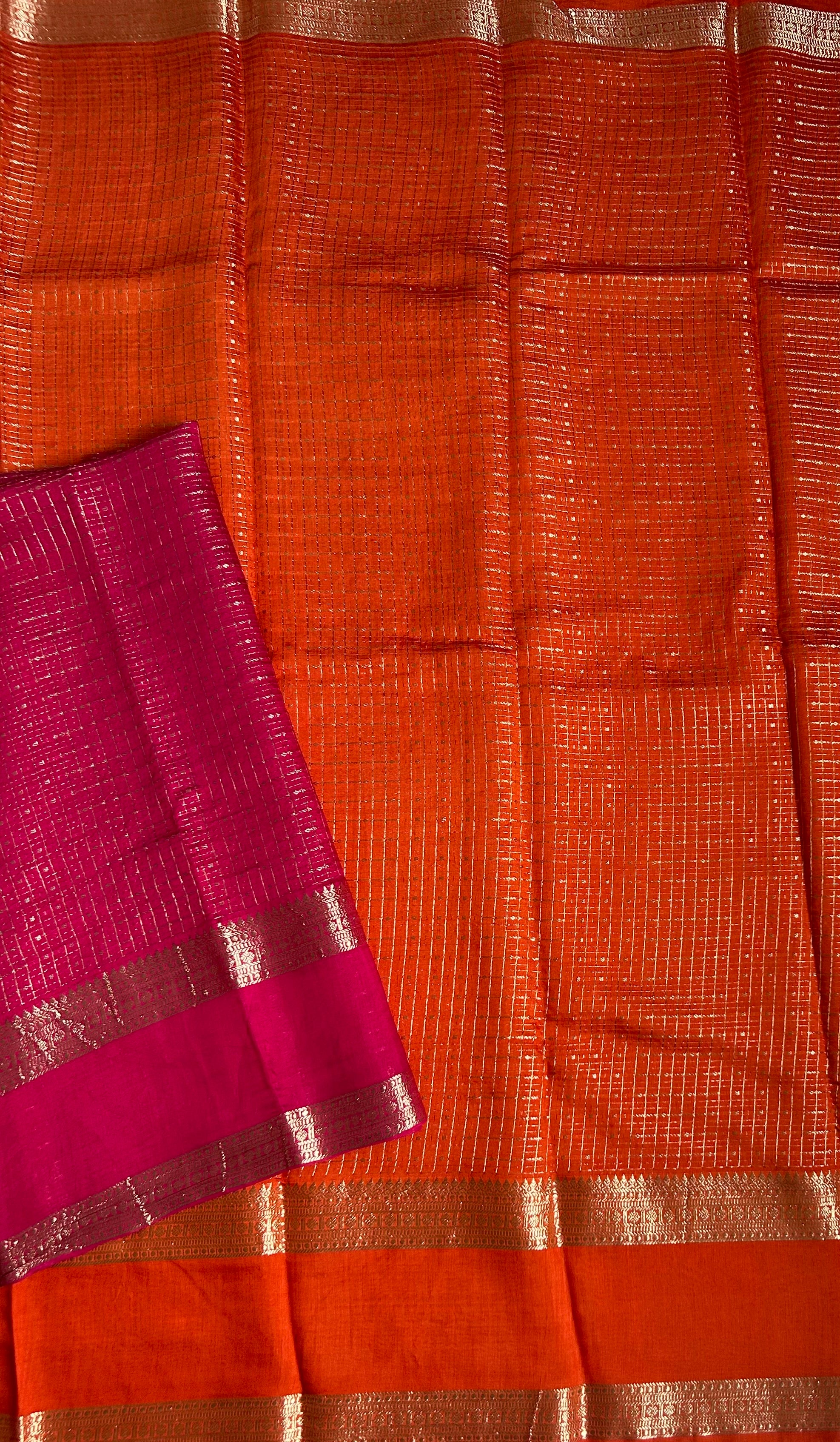 Orange small checks soft Tussar 03 crepe saree