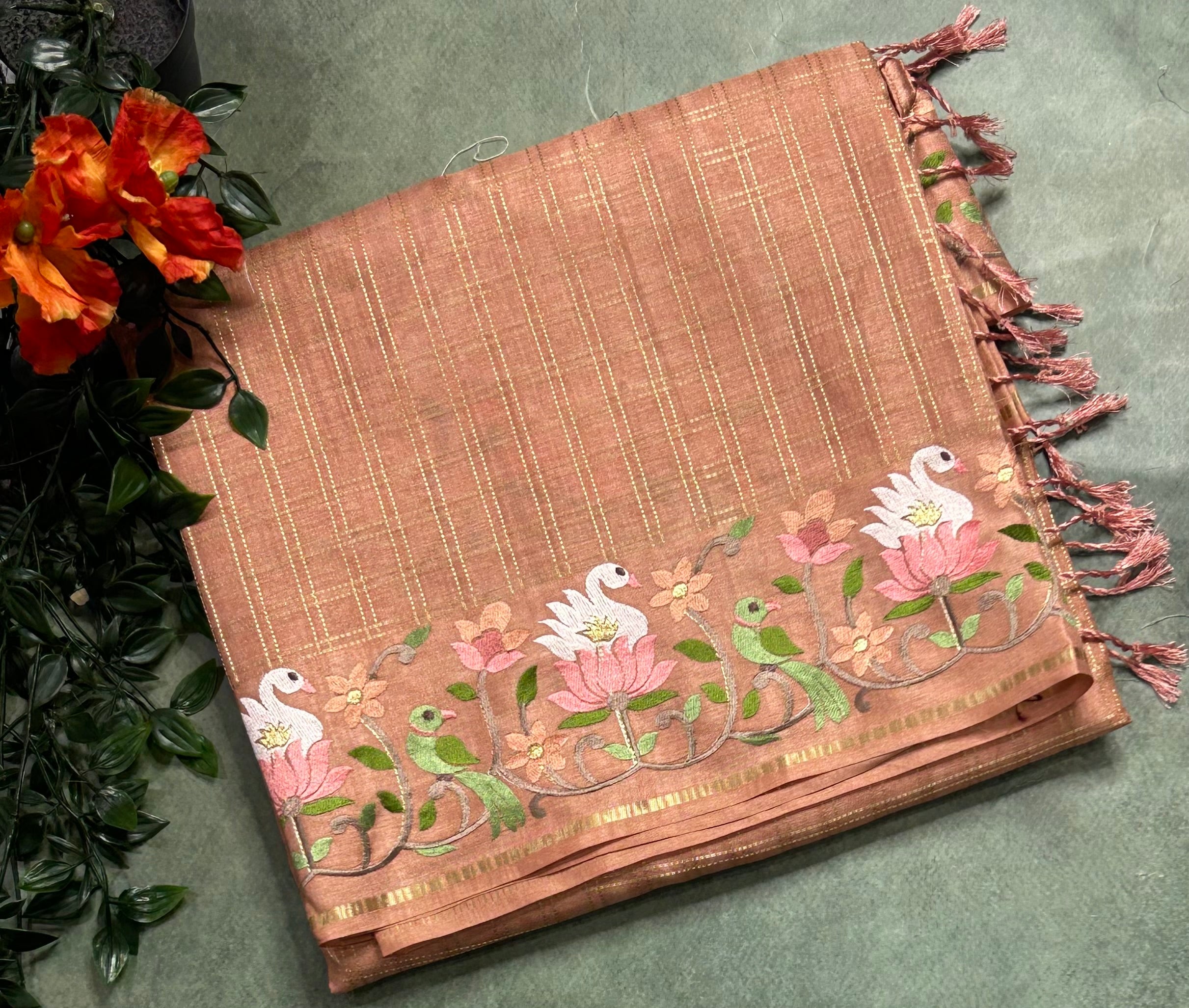 Peach checks embroidery border semi Tussar 105 saree