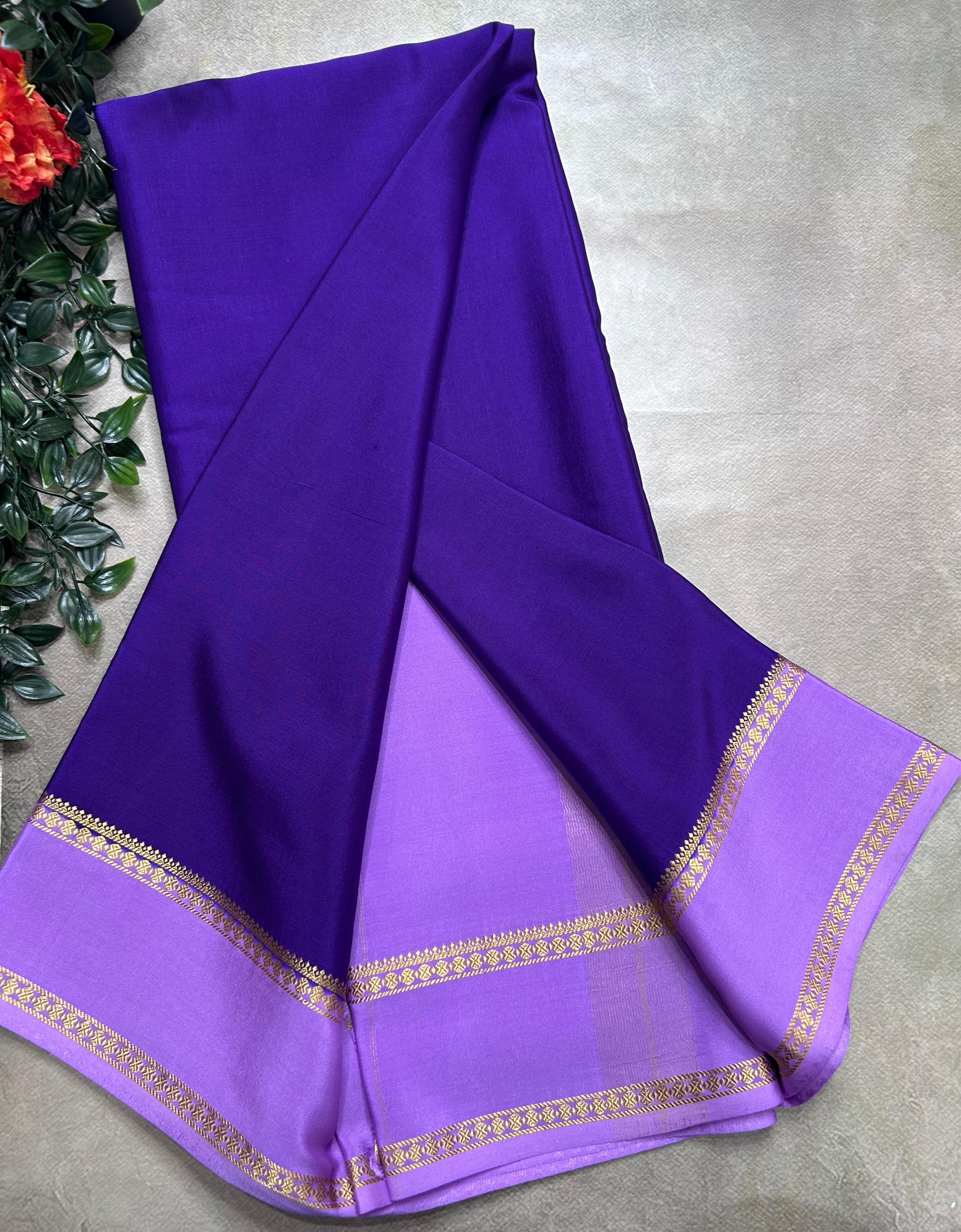 Purple n lilac plain bentex border pure mysore silk saree(BMS105)