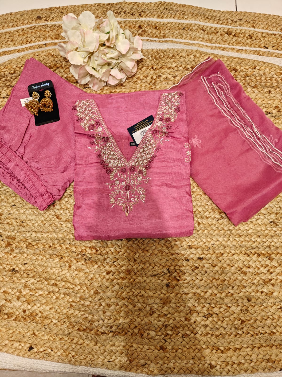 Onion Pink Dola silk pastel Kurtha with Desinger Dupatta