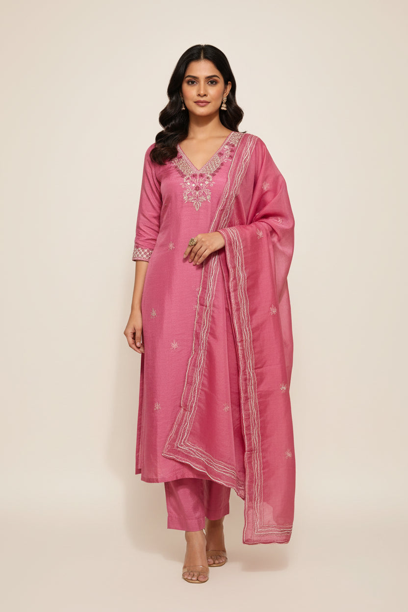Onion Pink Dola silk pastel Kurtha with Desinger Dupatta