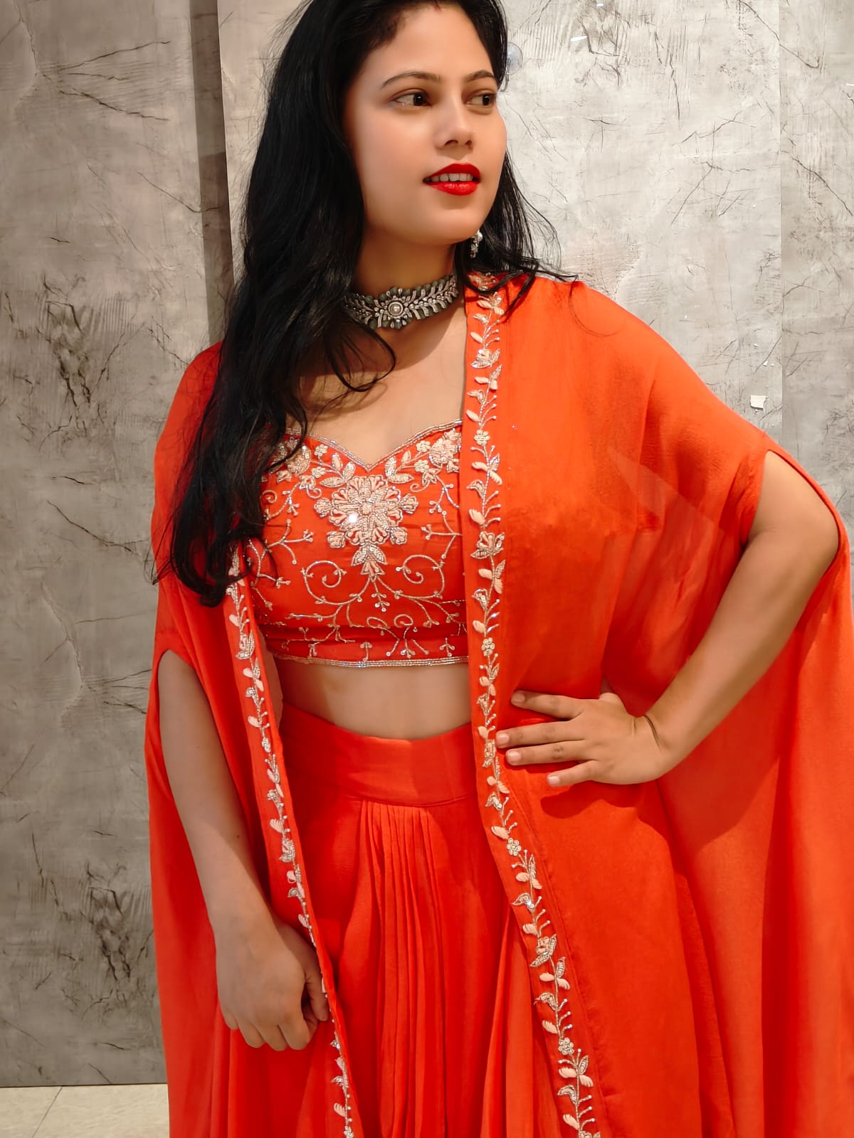 “Pari" Orange Indo-western handwork Top, Skirt and Cape set