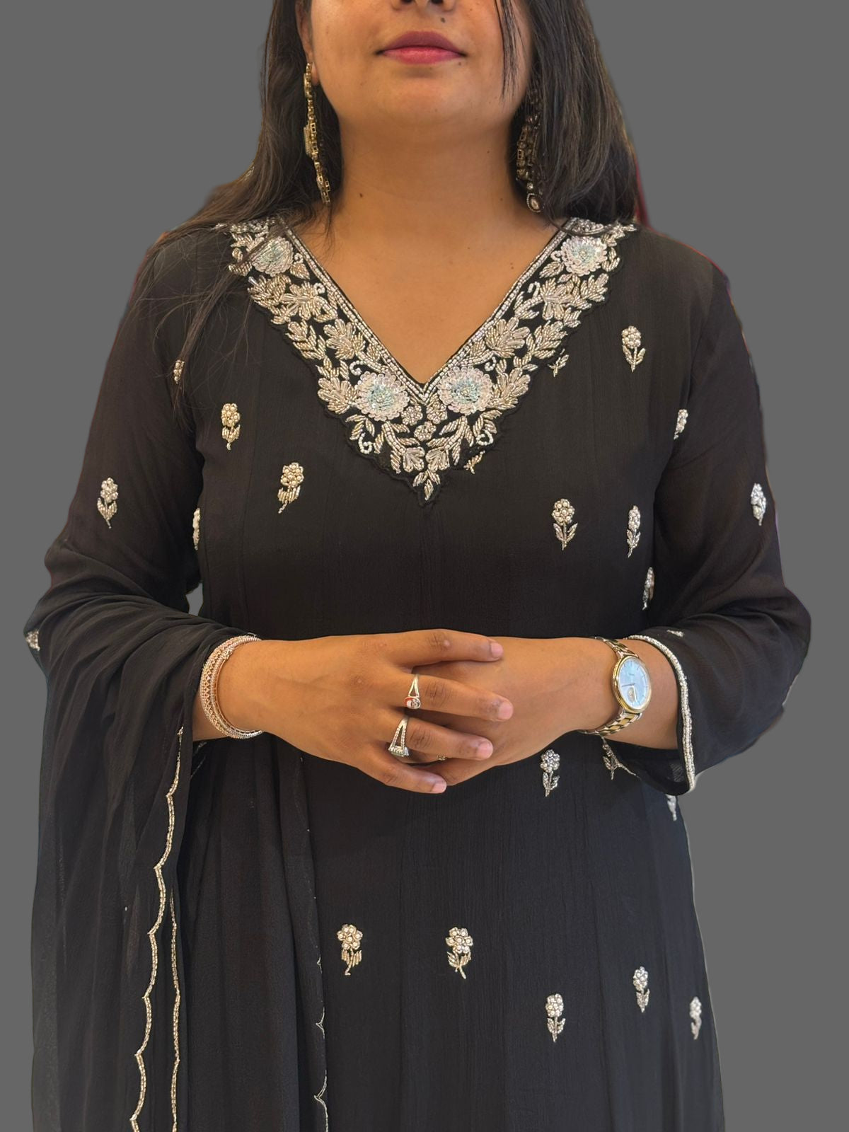 “Pari" Black Anarkali Chinnon Handwork Partyware Kurtha 567