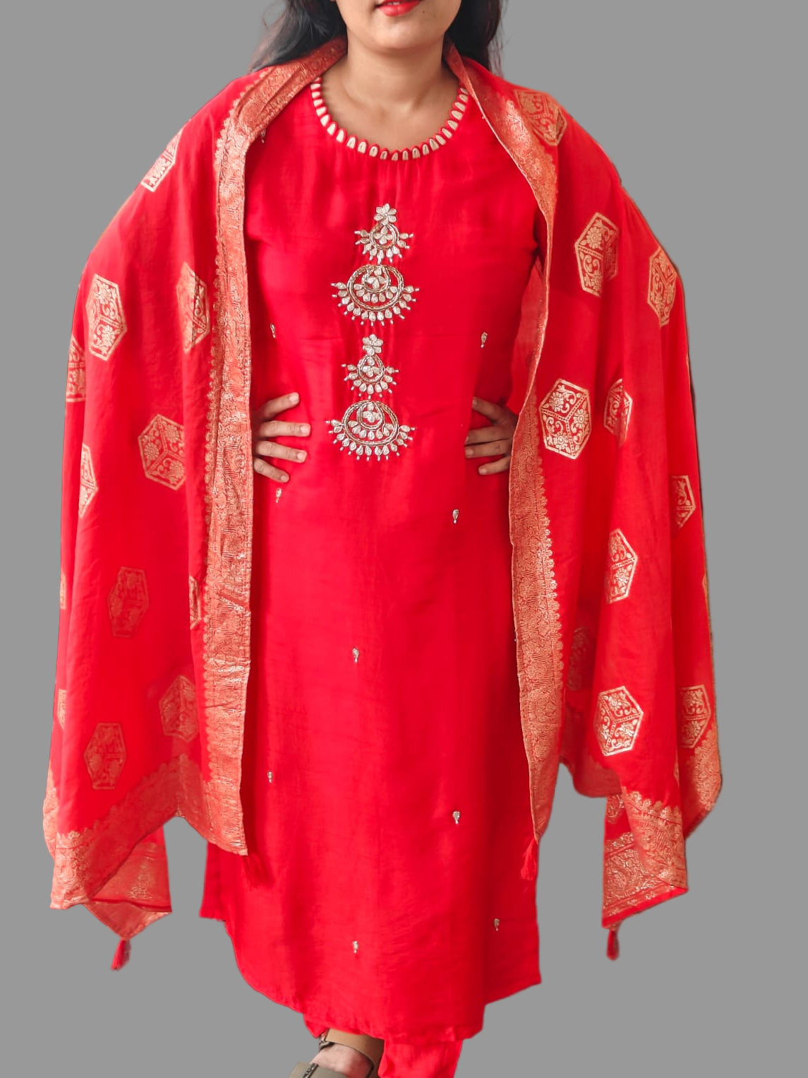 Red Dola Silk Handwork Straight Fit Kurtha 49