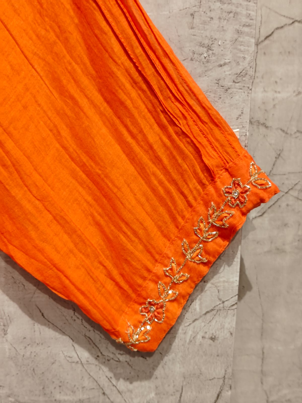 “Pani" Orange  Mul Chanderi silk Kurtha suit with work hand embroidery 898