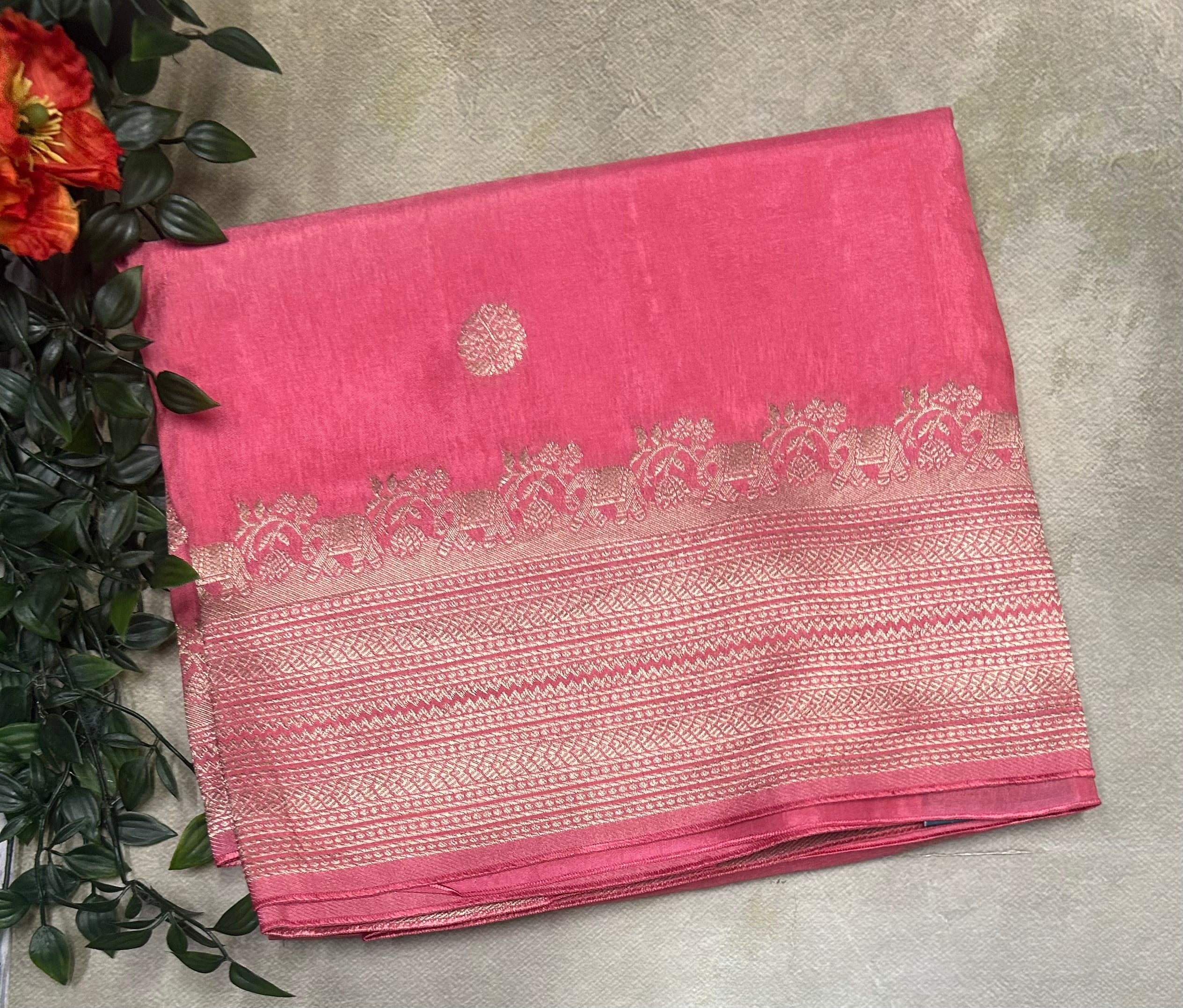 Light pink long border semi silk saree