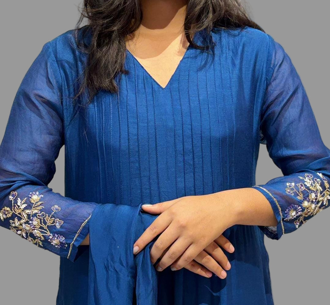 Blue Mul Chanderi Hand Embroidery Anarkali Kurtha 131