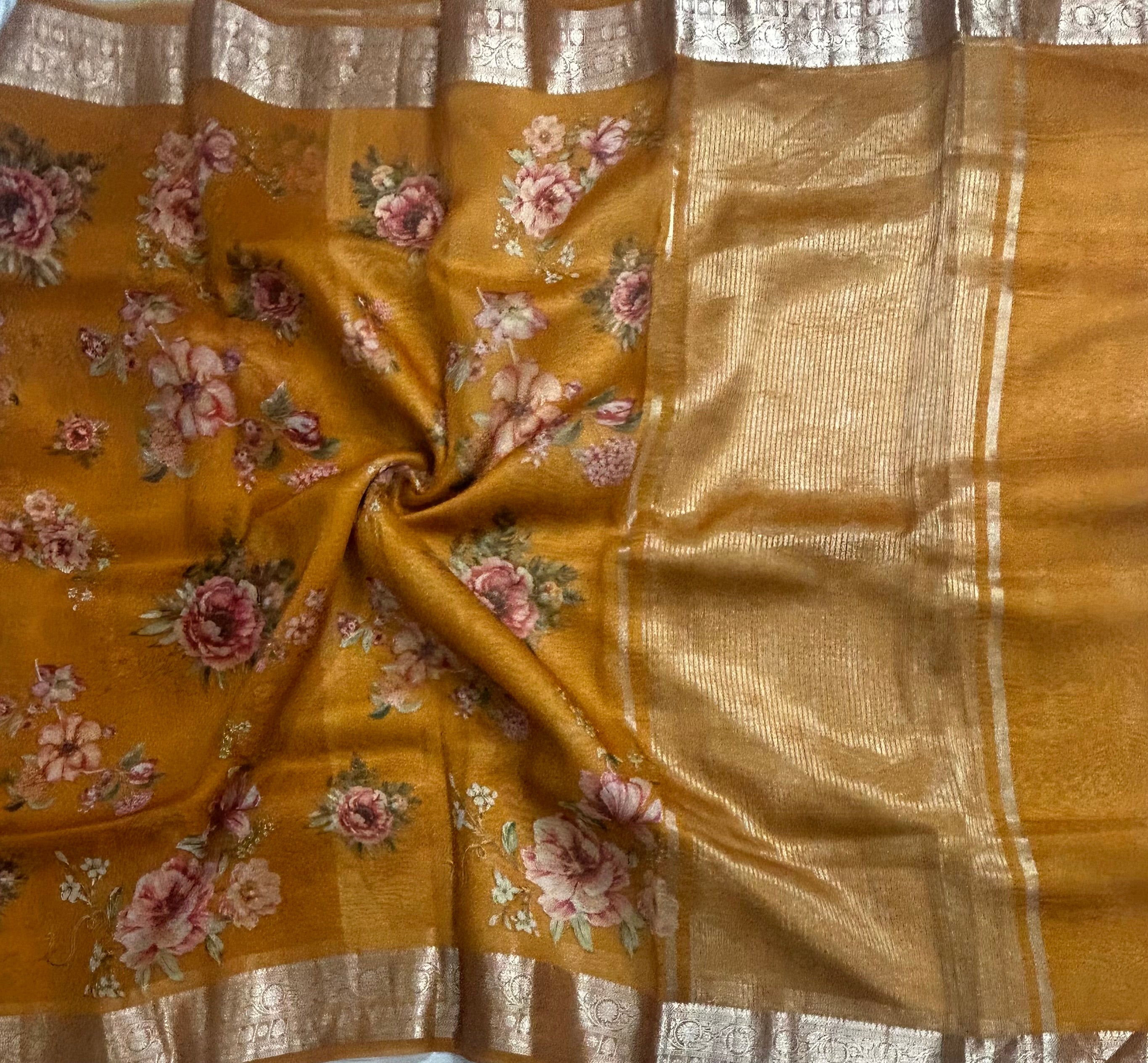 Mustard yellow printed pure kora organza 105 saree
