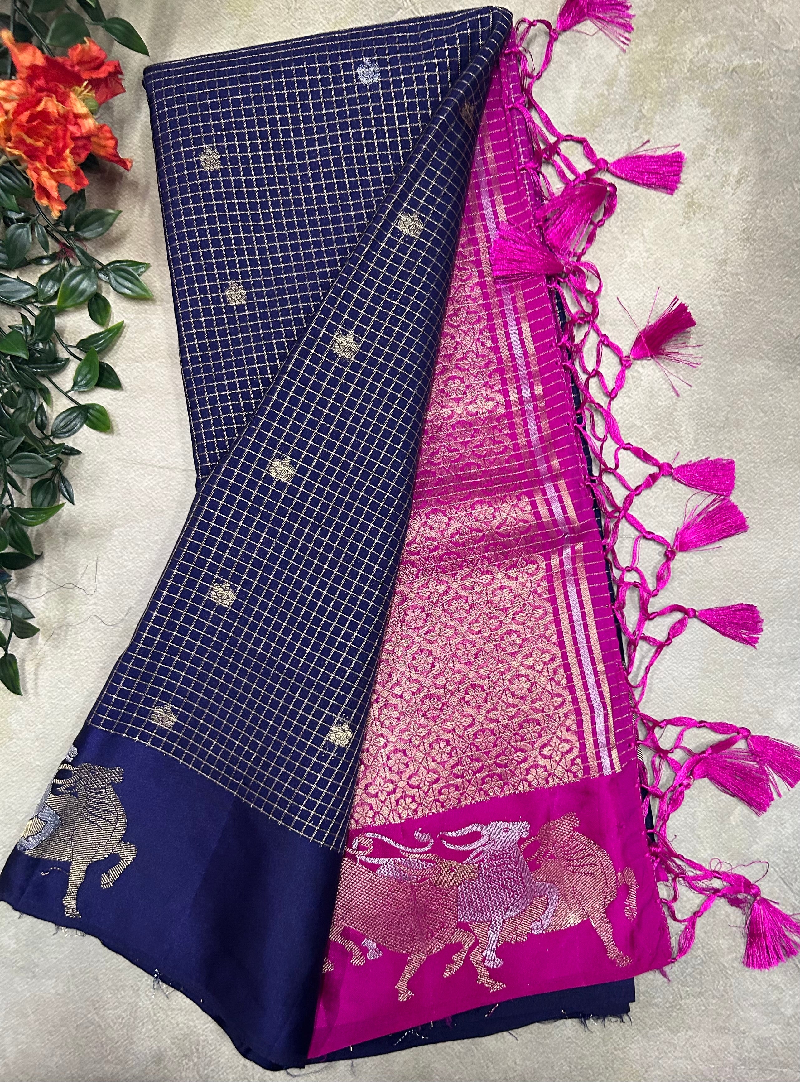 Navy blue small checks semi Mysore crepe saree(SMC106)