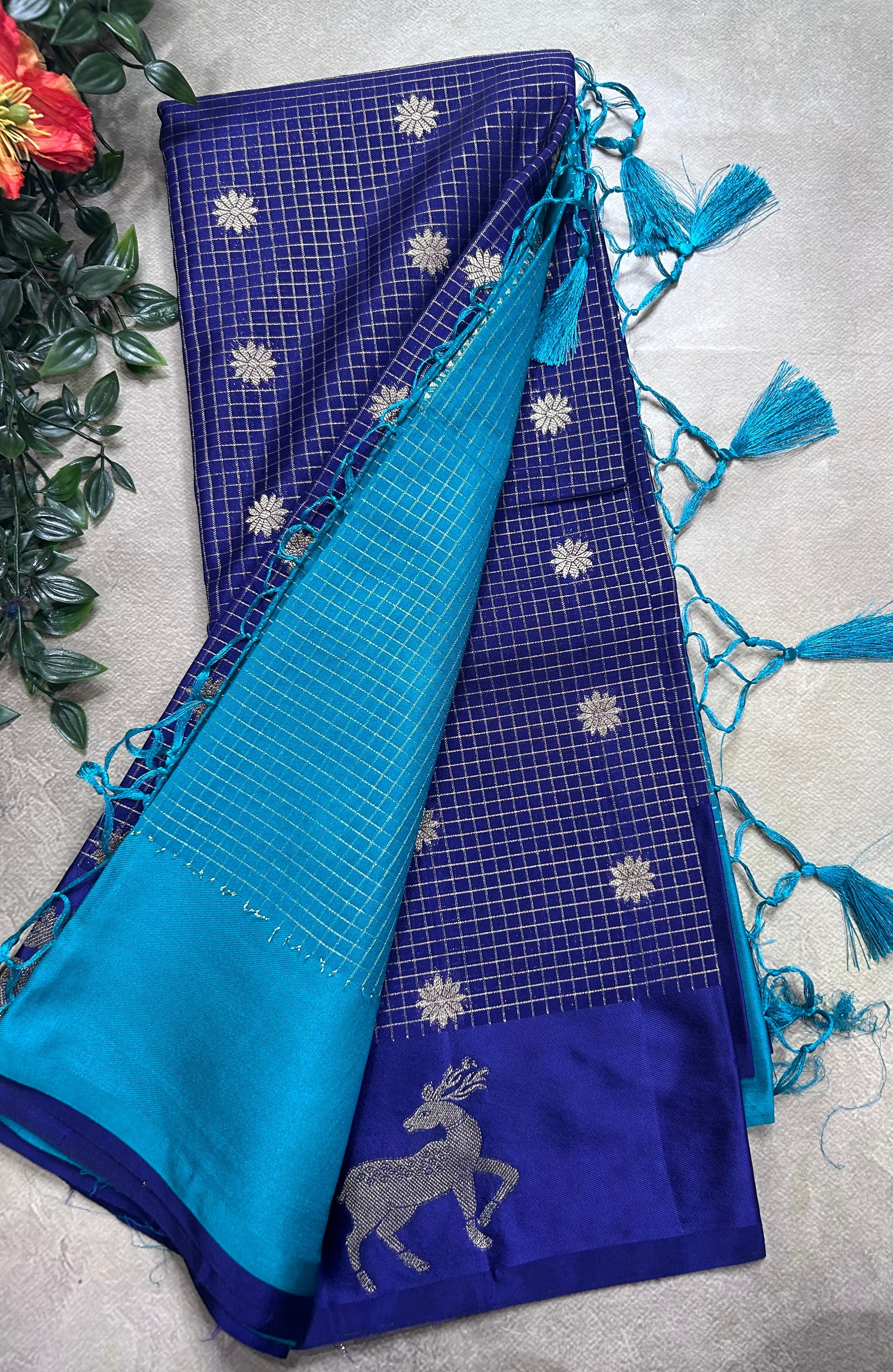 Navy blue small checks semi Mysore crepe 106 saree