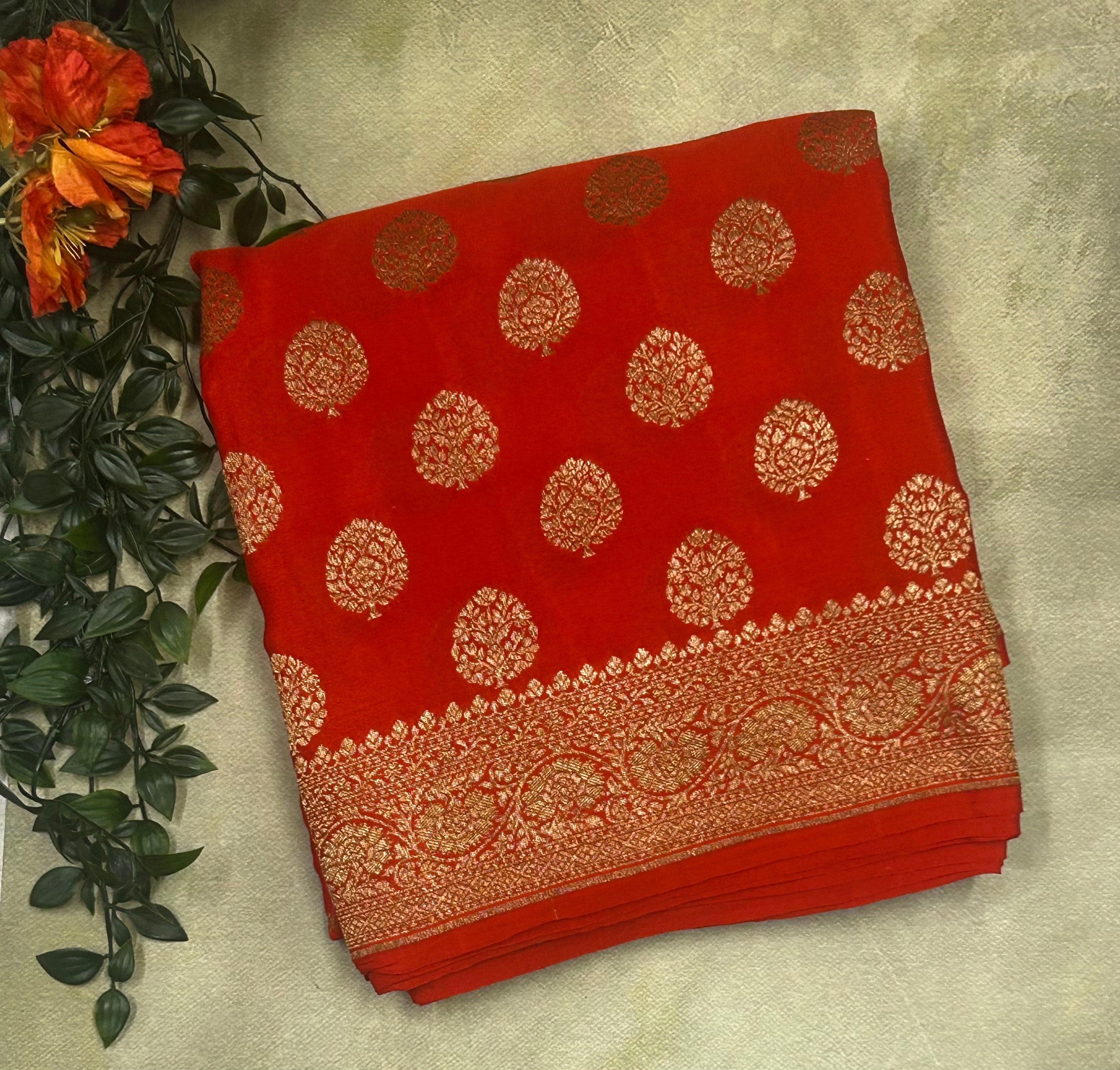 Reddish orange small n big butta pure benarasi crepe 103 saree