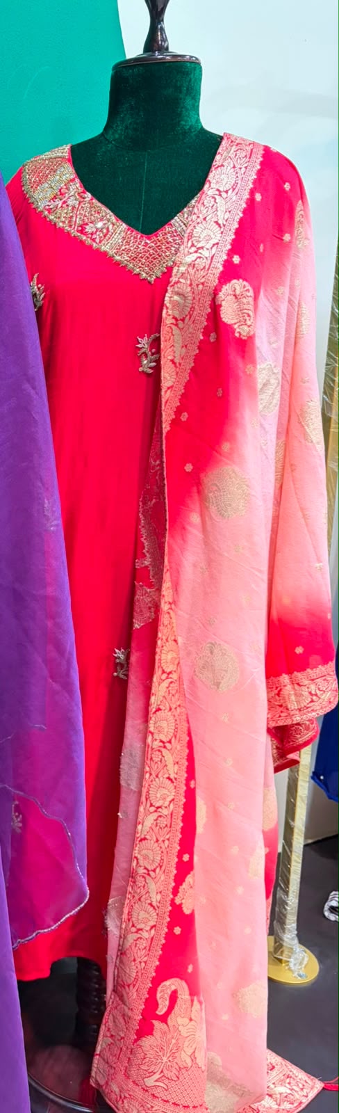 Red Mul Chanderi Hand Embroidery  A Line  Kurtha 686