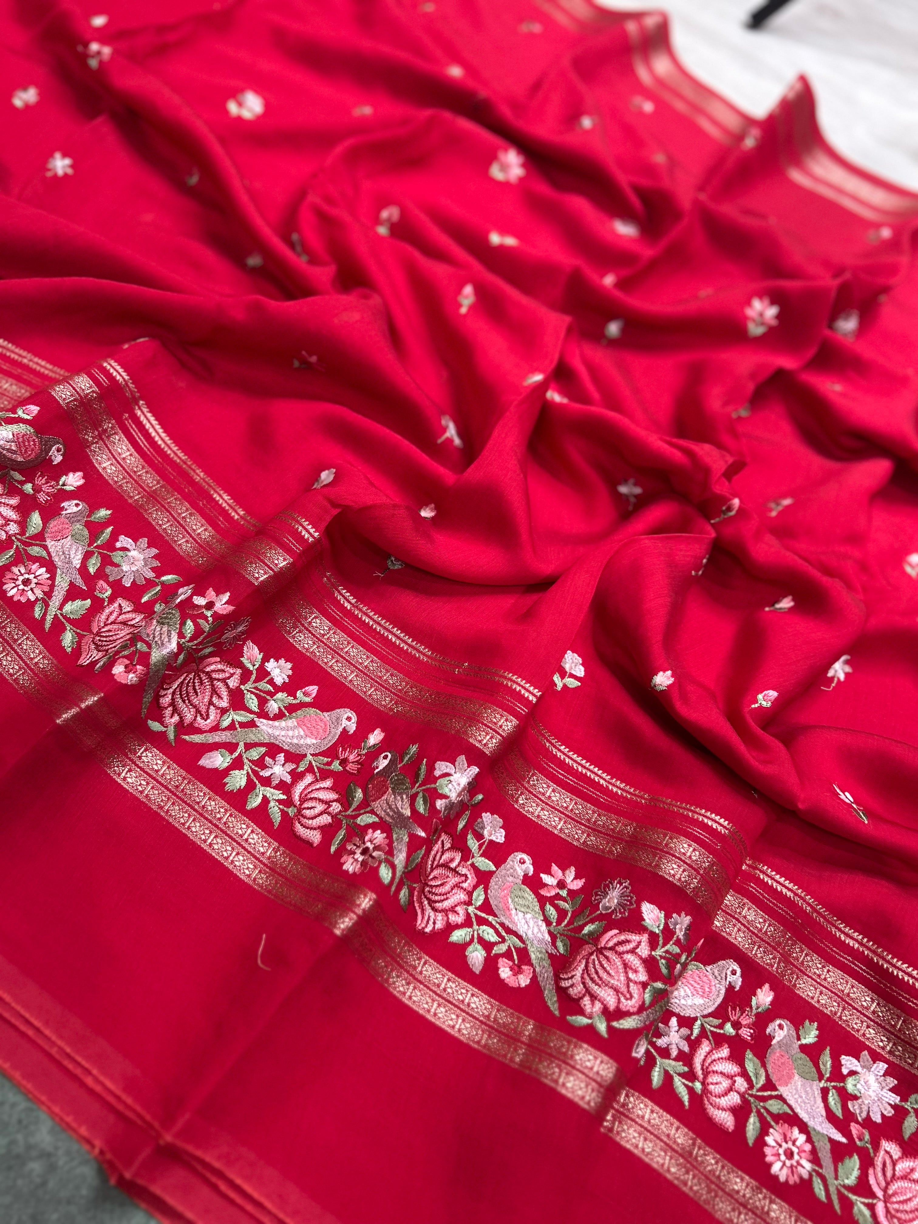 Red embrodiery soft tussar crepe 104 saree