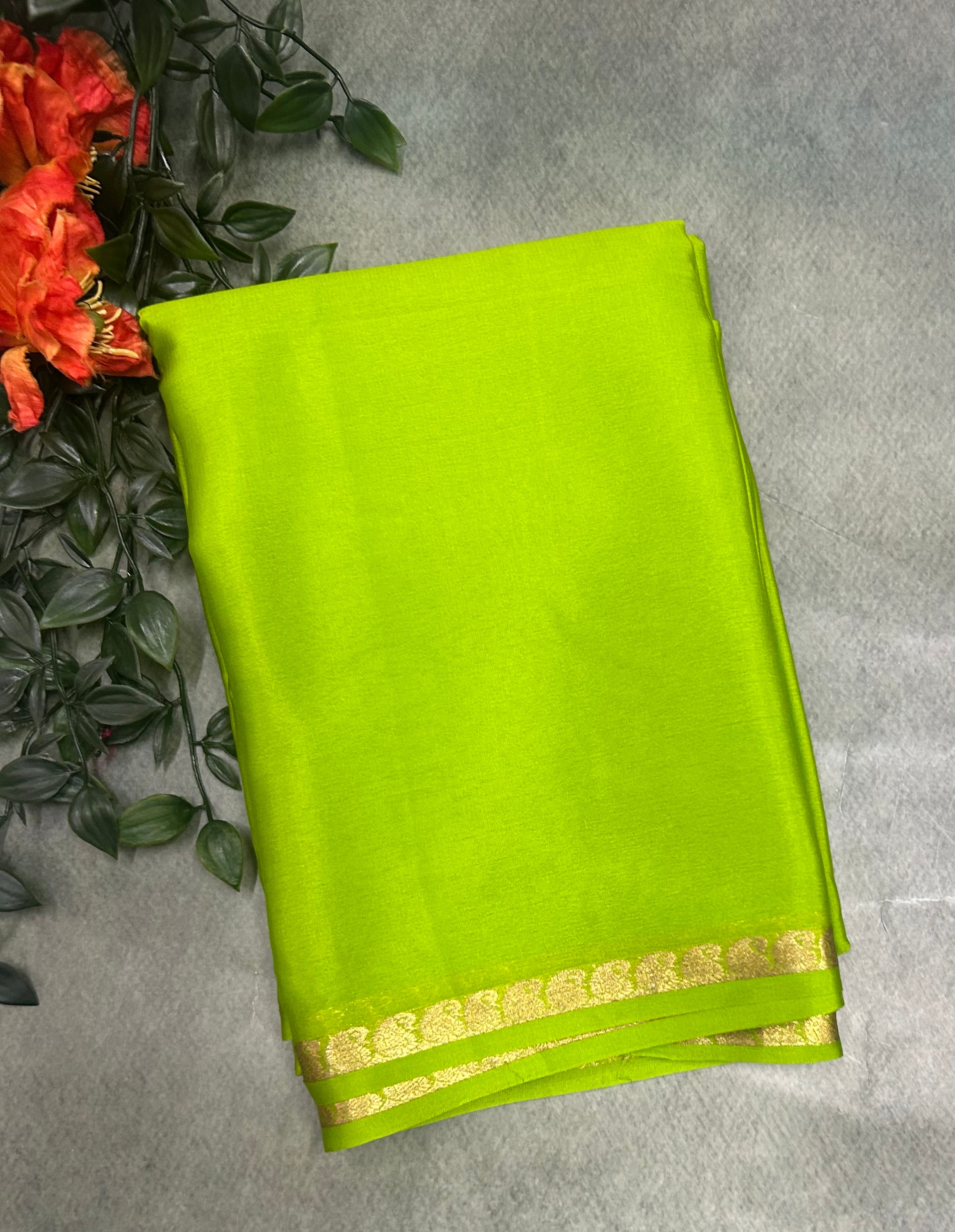 Parrot green pure Mysore crepe silk saree