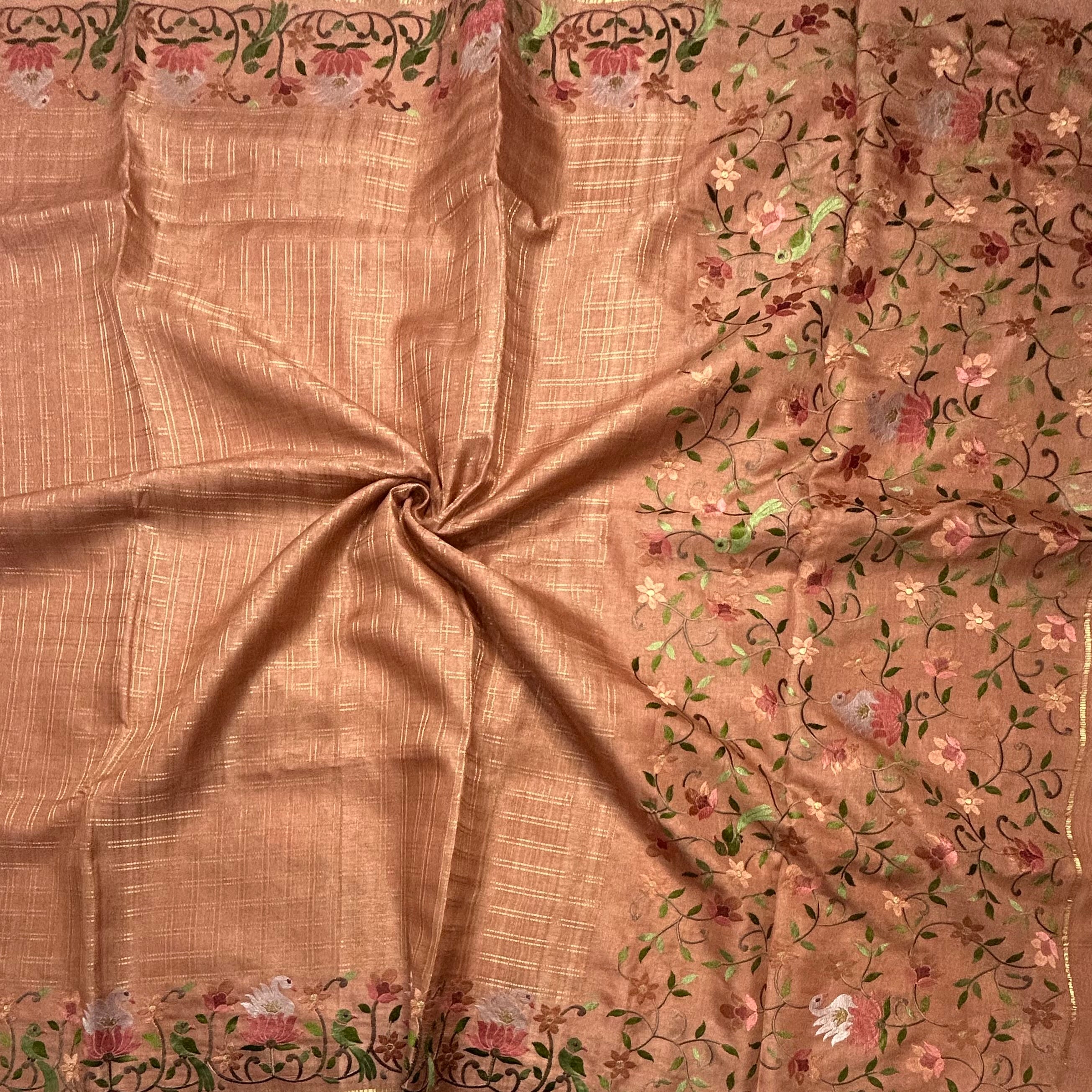 Peach checks embroidery border semi Tussar 105 saree