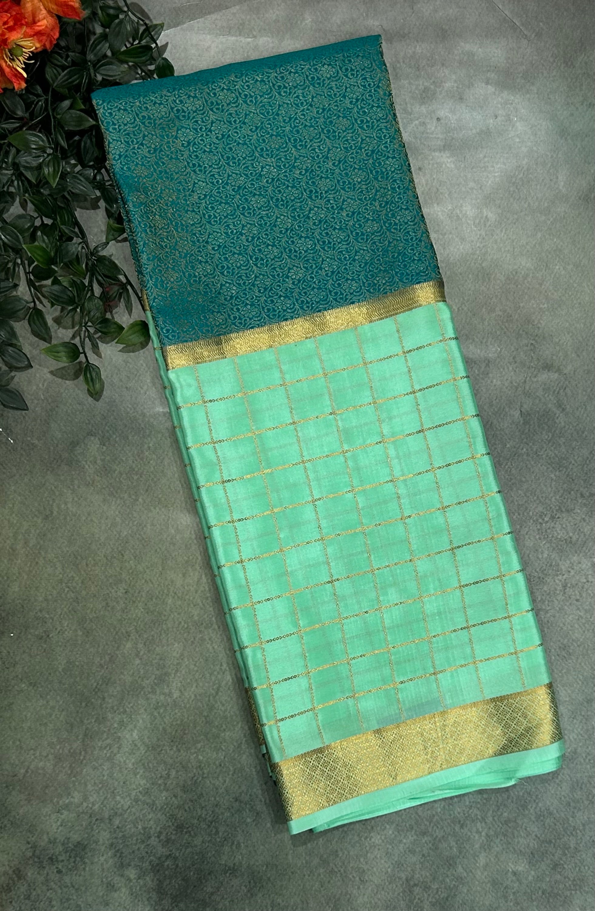 Pastel green n Rama green  pure Mysore crepe silk 103 saree