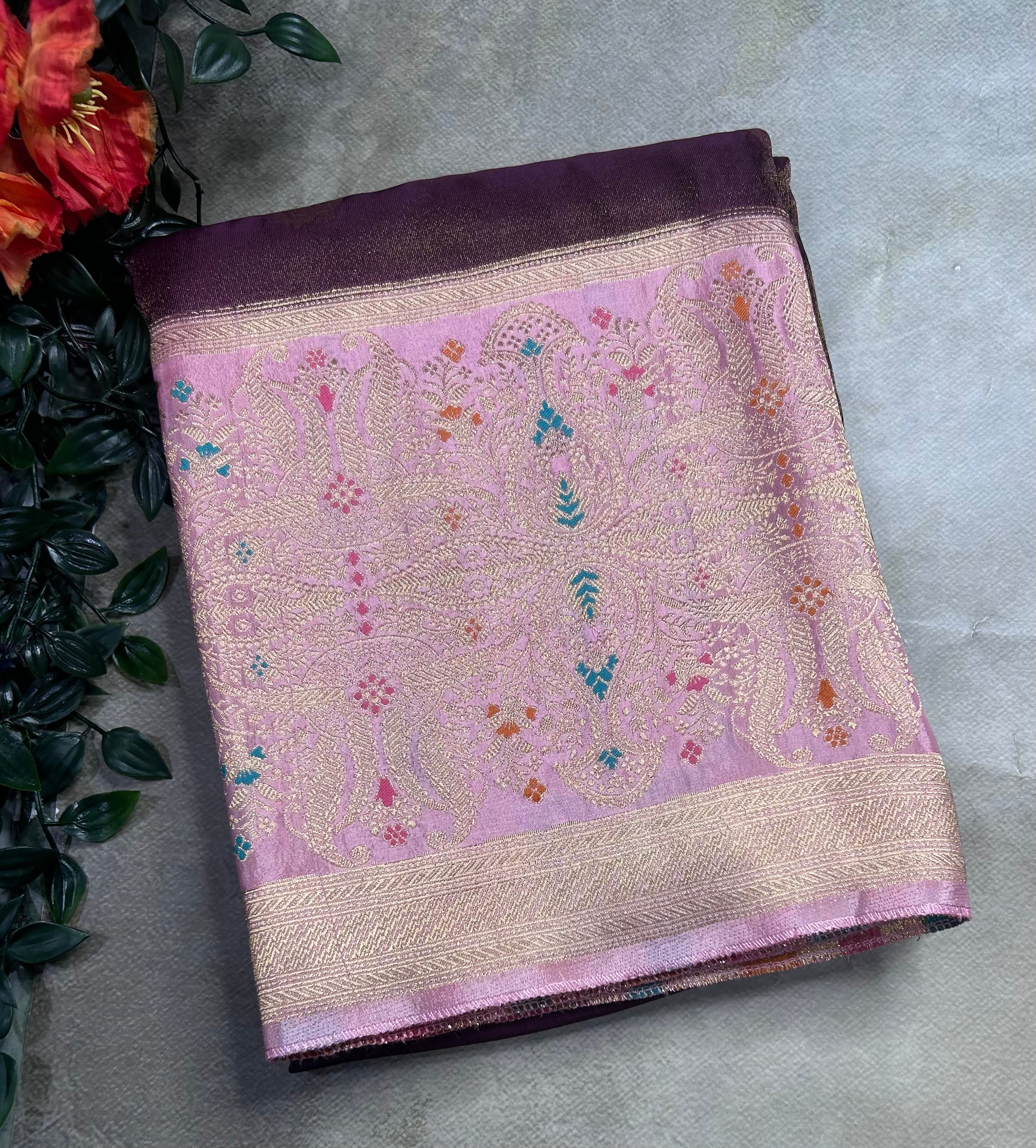 Wine contrast long border soft semi tissue crepe 106 saree