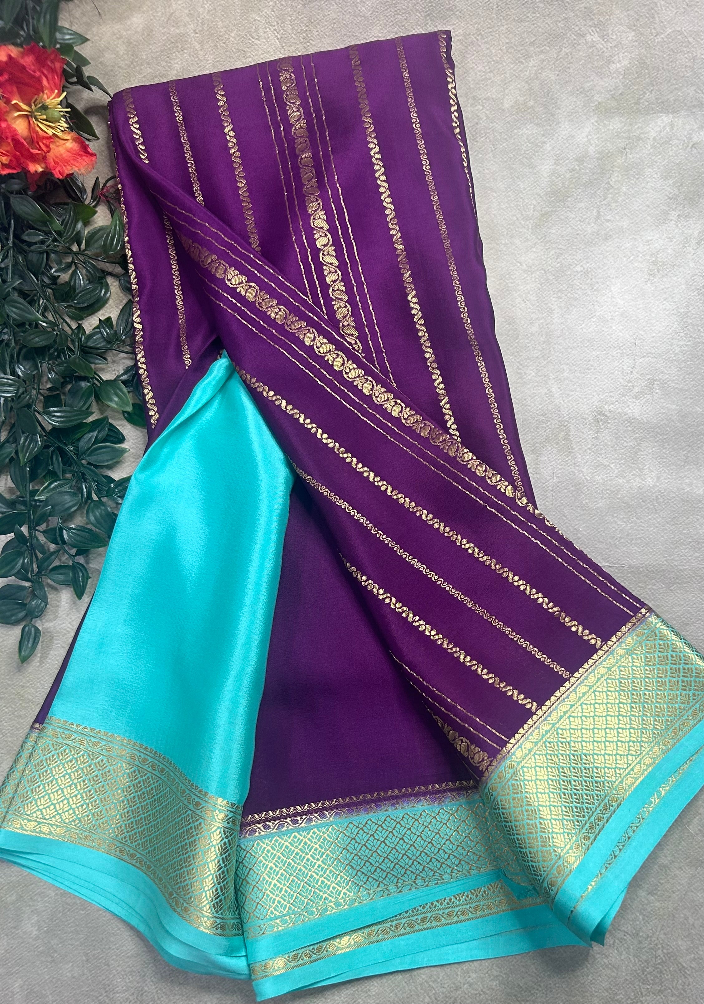 Dark purple stripes pure mysore crepe silk saree (SMS106)